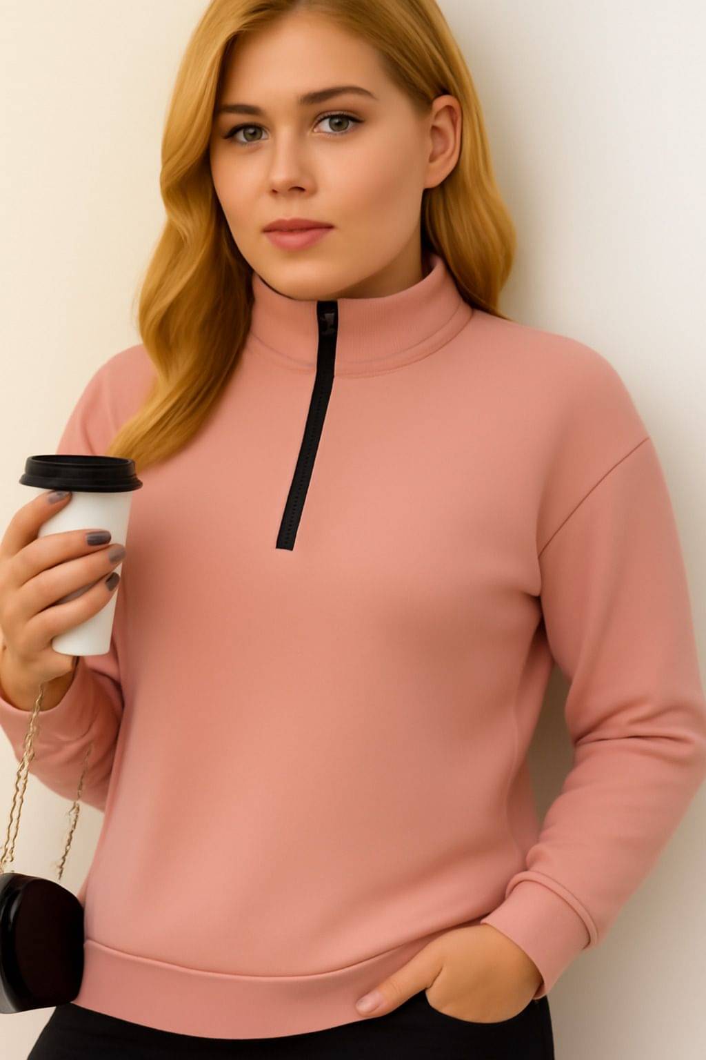     			Rino Women Fleece High Neck Sweatshirt For Heavy Winters ( Peach )