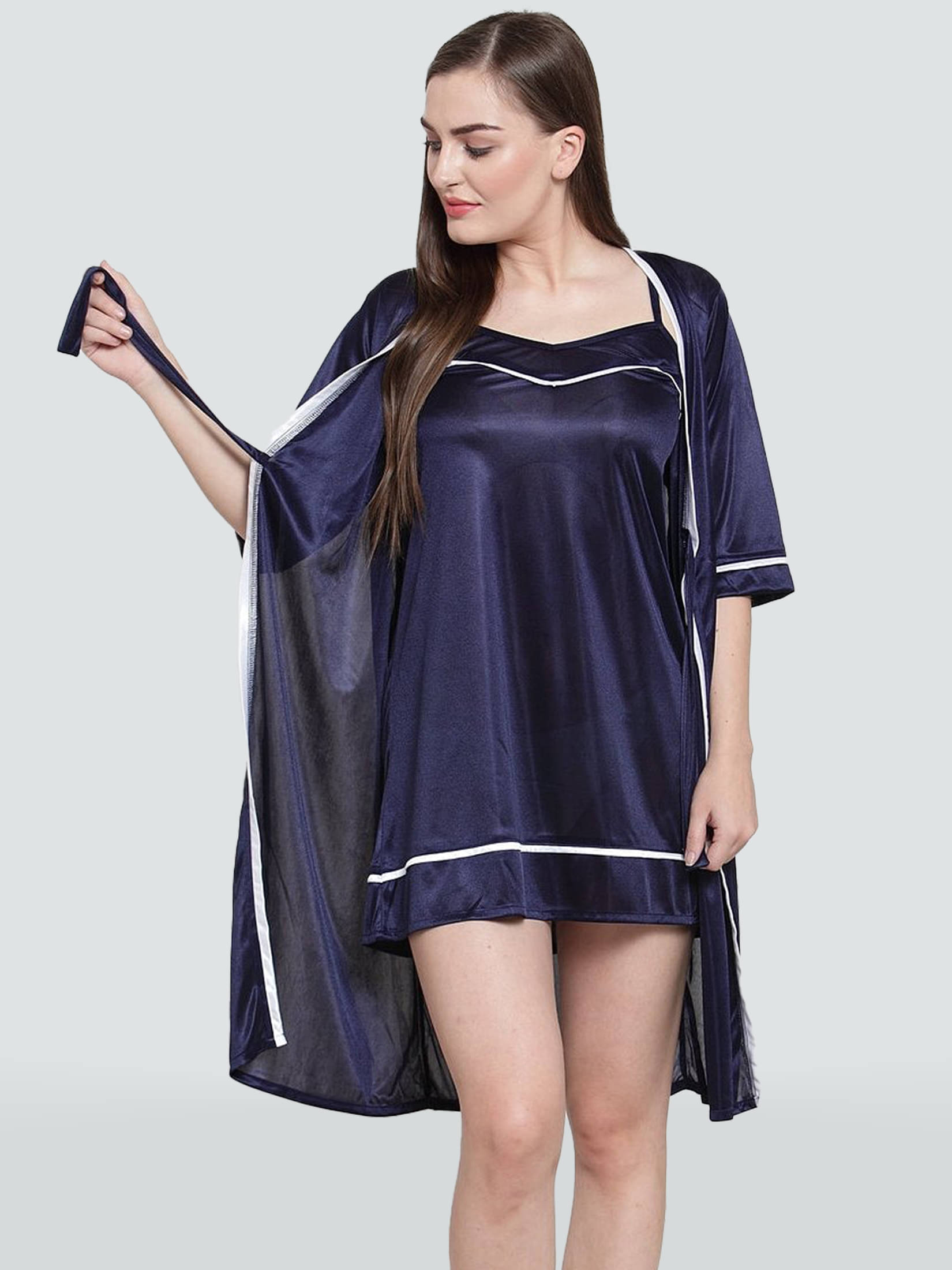     			Romaisa Satin Solid Women Nighty With Robe ( Navy )