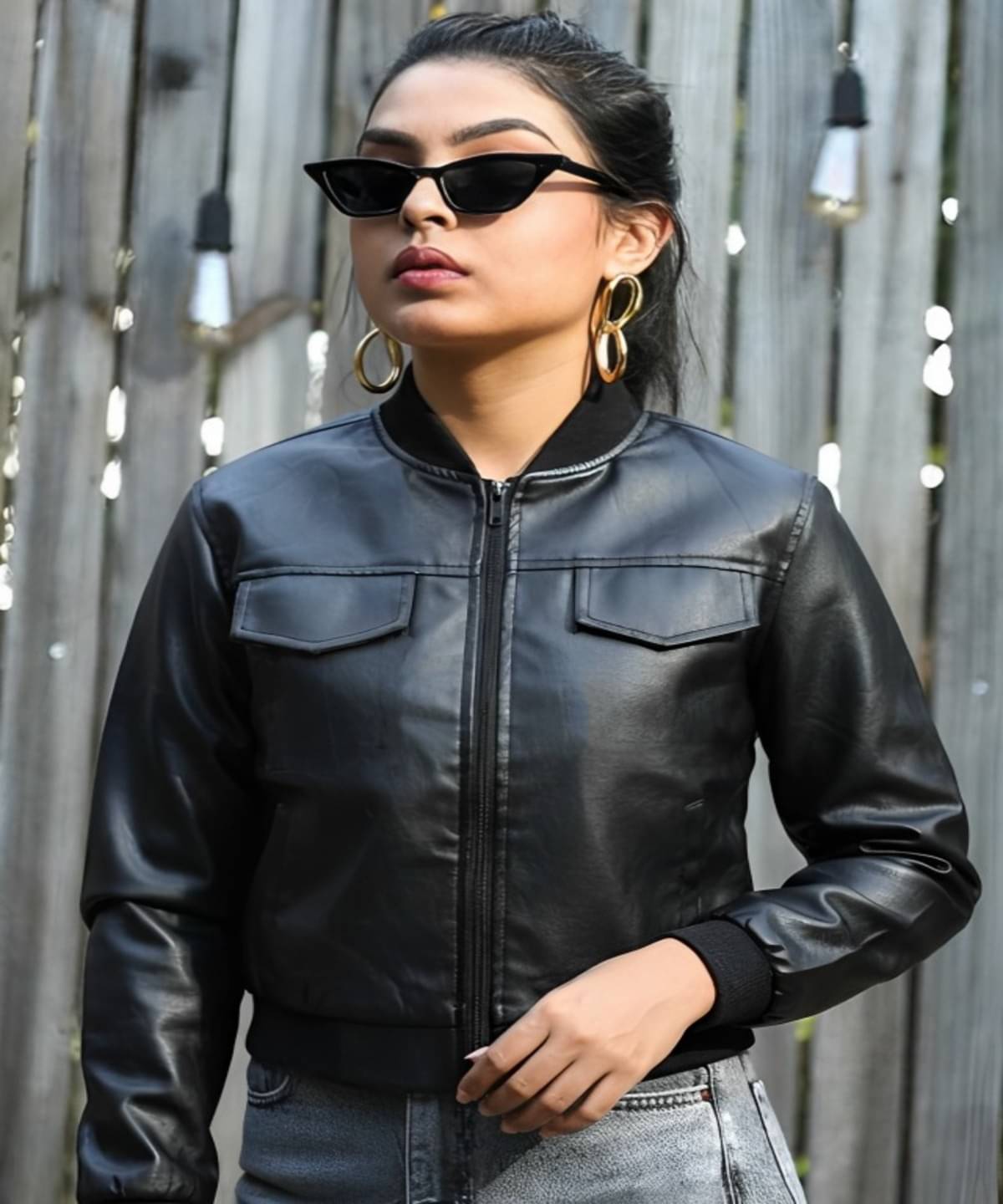 THECLASSICTOGS Women High Neck Leather Jacket ( Black ) THECLASSICTOGS Women High Neck Leather Jacket ( Black )