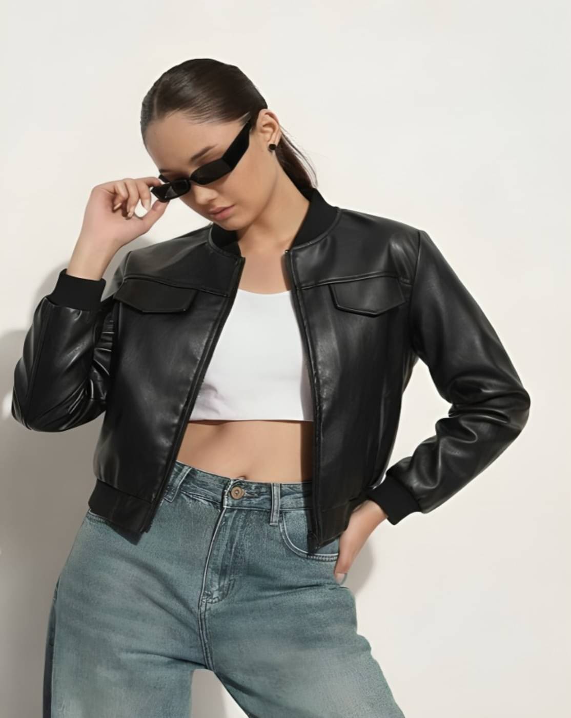 THECLASSICTOGS Women High Neck Leather Jacket ( Black ) THECLASSICTOGS Women High Neck Leather Jacket ( Black )