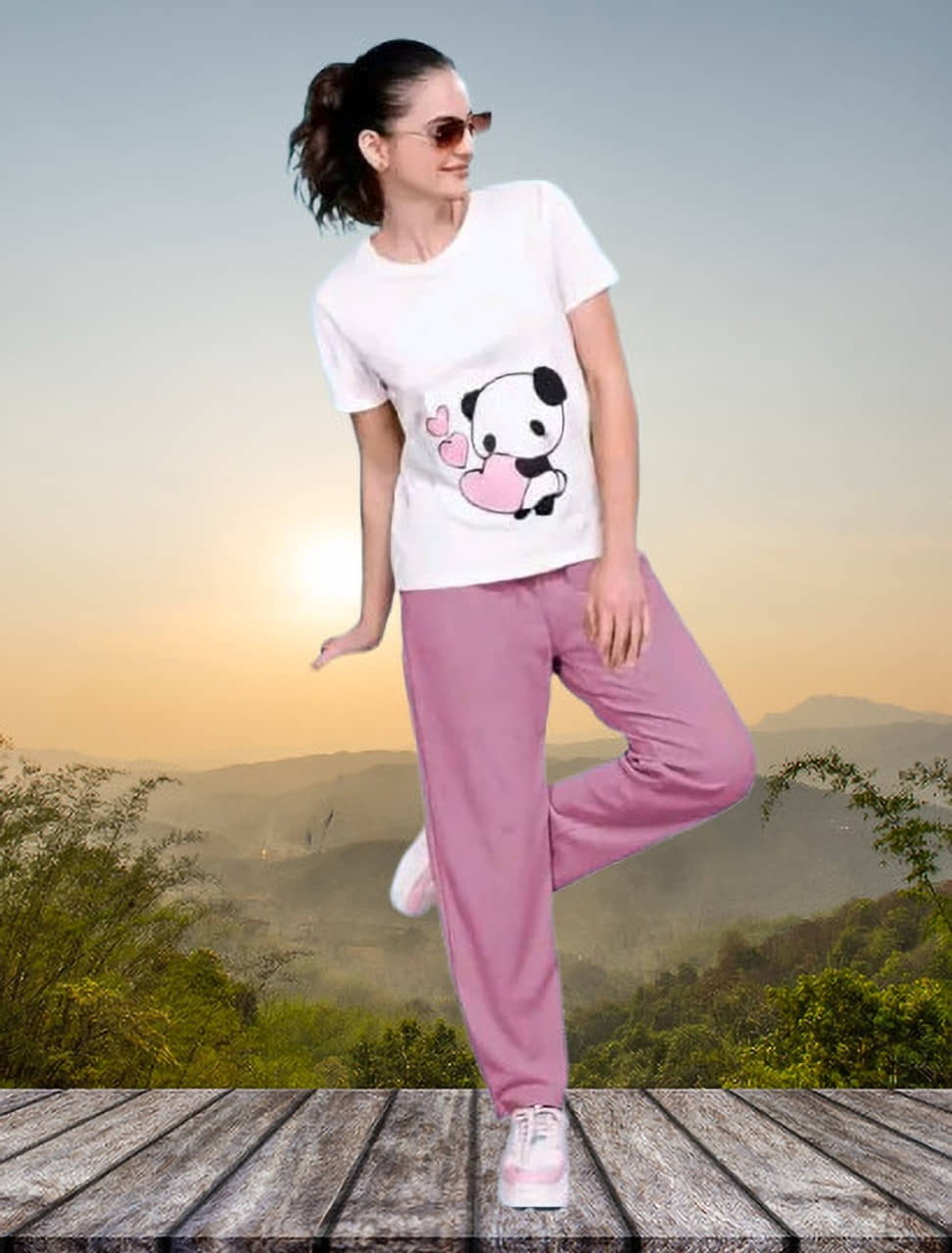 TarrenT HunT Women Printed T-Shirt With Joggers Co-Ord Set ( Pink )