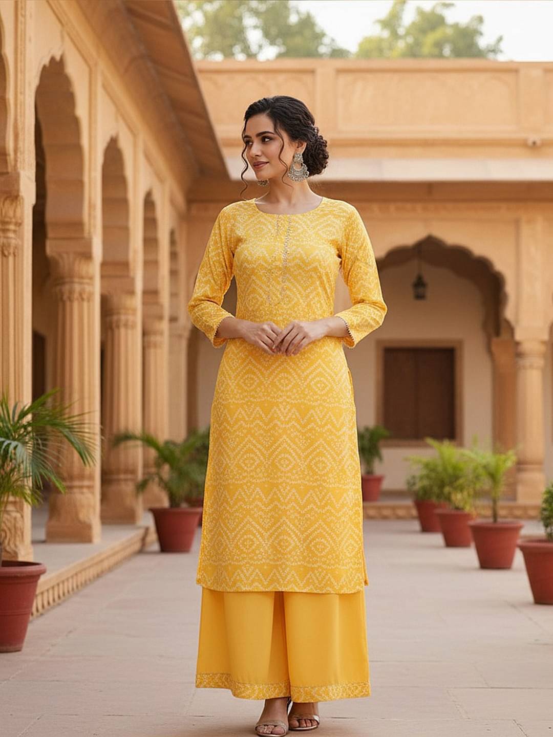 Vaamsi Women Crepe Printed Straight Kurti With Palazzo ( Yellow ) Vaamsi Women Crepe Printed Straight Kurti With Palazzo ( Yellow )