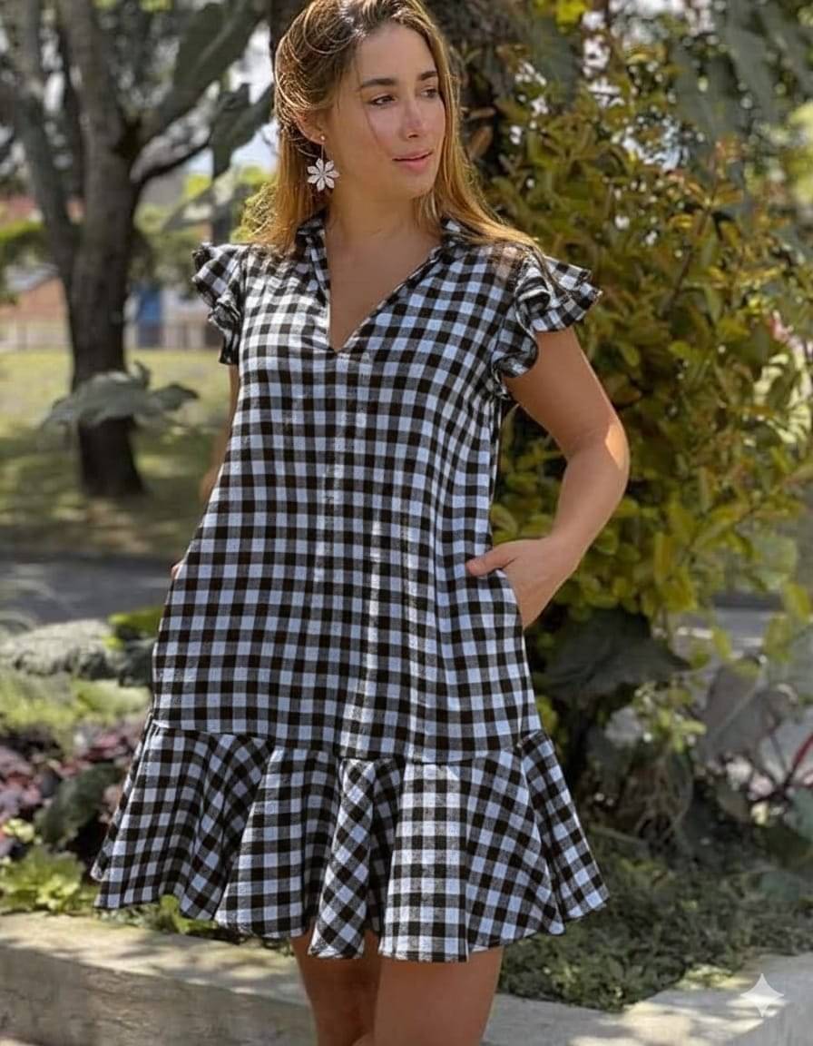 vivient Women Cotton Checks A-line Dress ( Black ) vivient Women Cotton Checks A-line Dress ( Black )