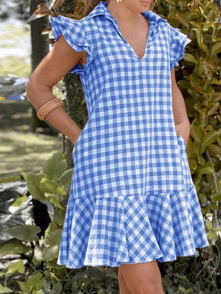     			vivient Women Cotton Checks A-line Dress ( Blue )