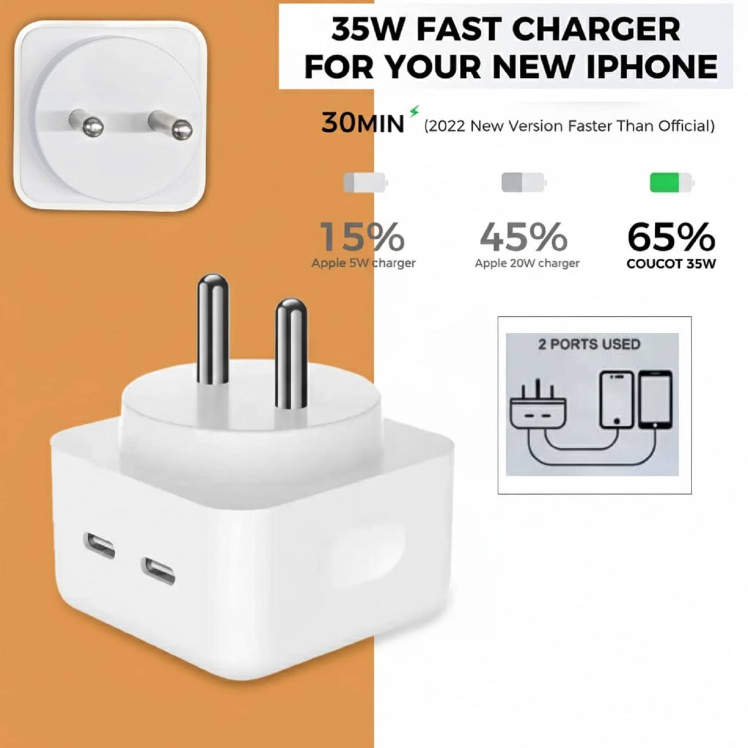 35W Dual USB-C Fast Charger | 2-Port PD Wall Adapter | Compact & Travel-Friendly     			35W Dual USB-C Fast Charger | 2-Port PD Wall Adapter | Compact & Travel-Friendly
