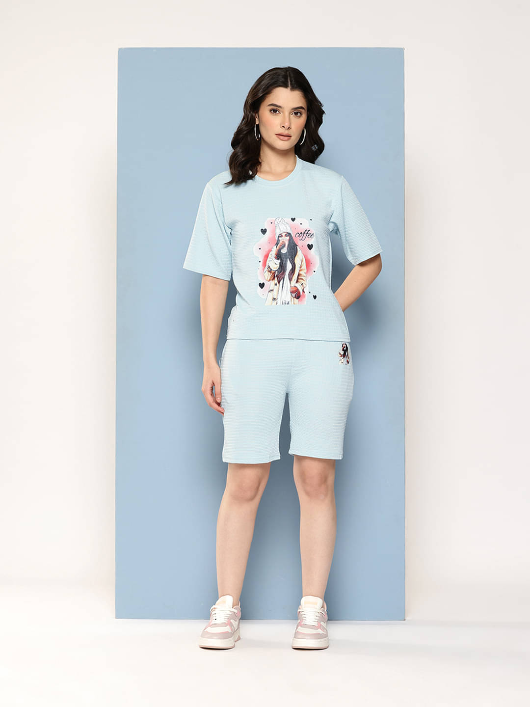     			Aarika Women Printed Top With Shorts Co-Ord Set ( Light Blue )