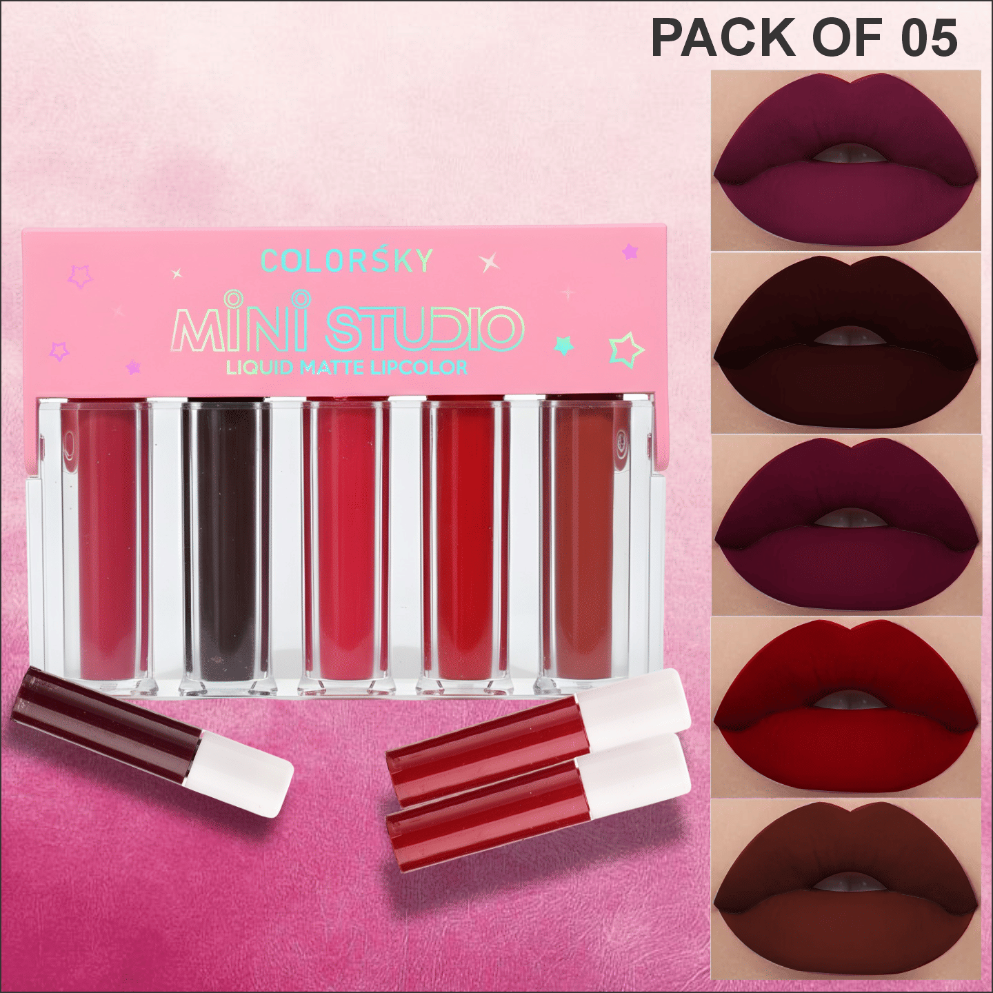     			Color Sky Red,Wine,Purple,Pink Matte Long Lasting Liquid Lipstick ( Pack of 5 )