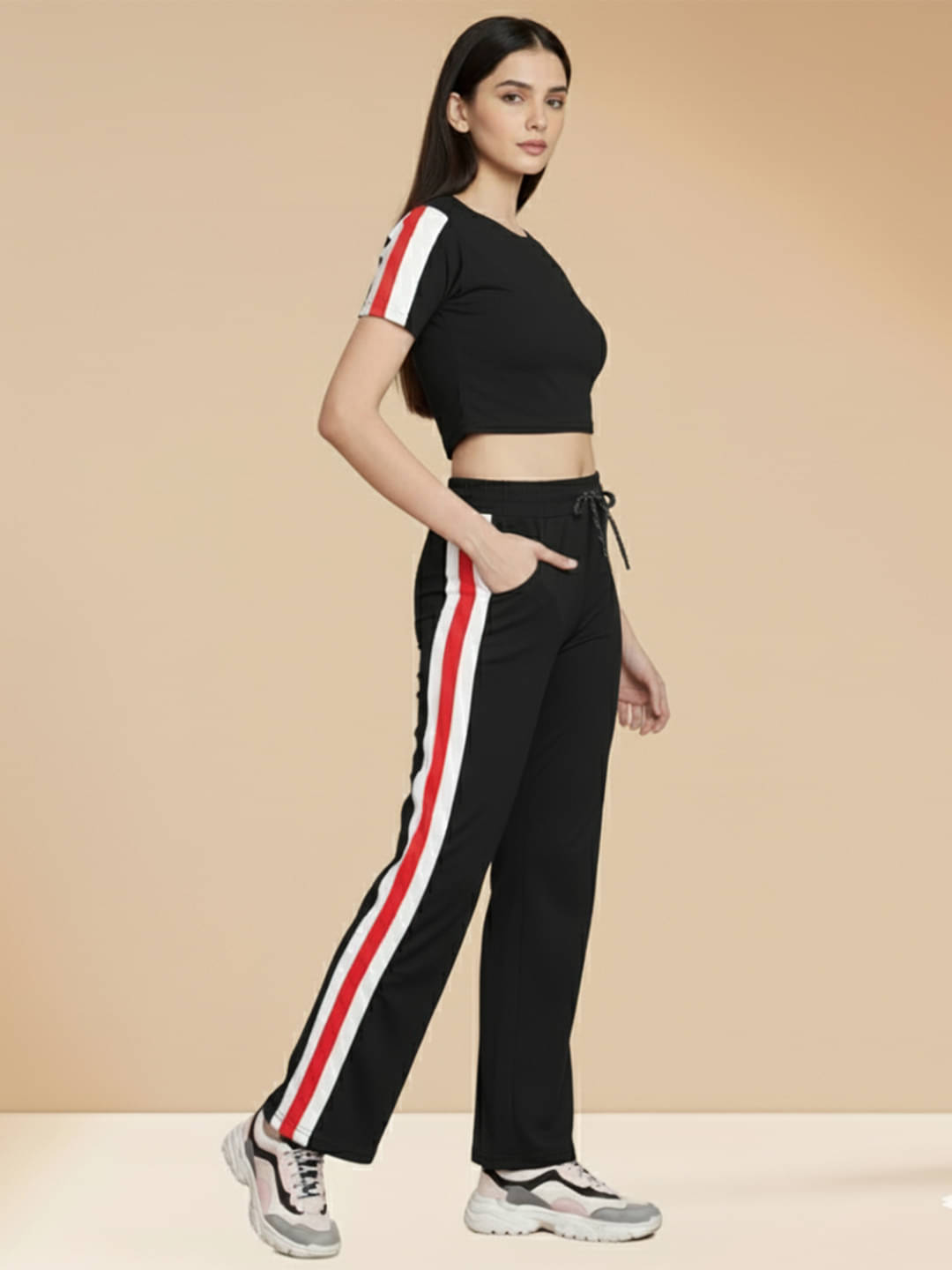     			DE TRENDZ Women Solid Top With Trousers Co-Ord Set ( Black )