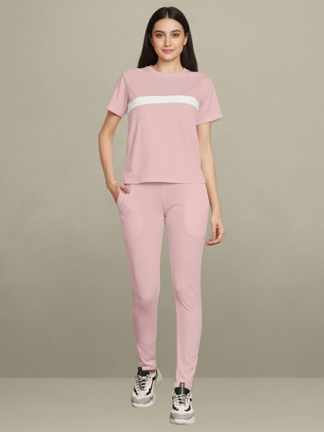    			DE TRENDZ Women Striped T-Shirt With Trousers Co-Ord Set ( Pink )