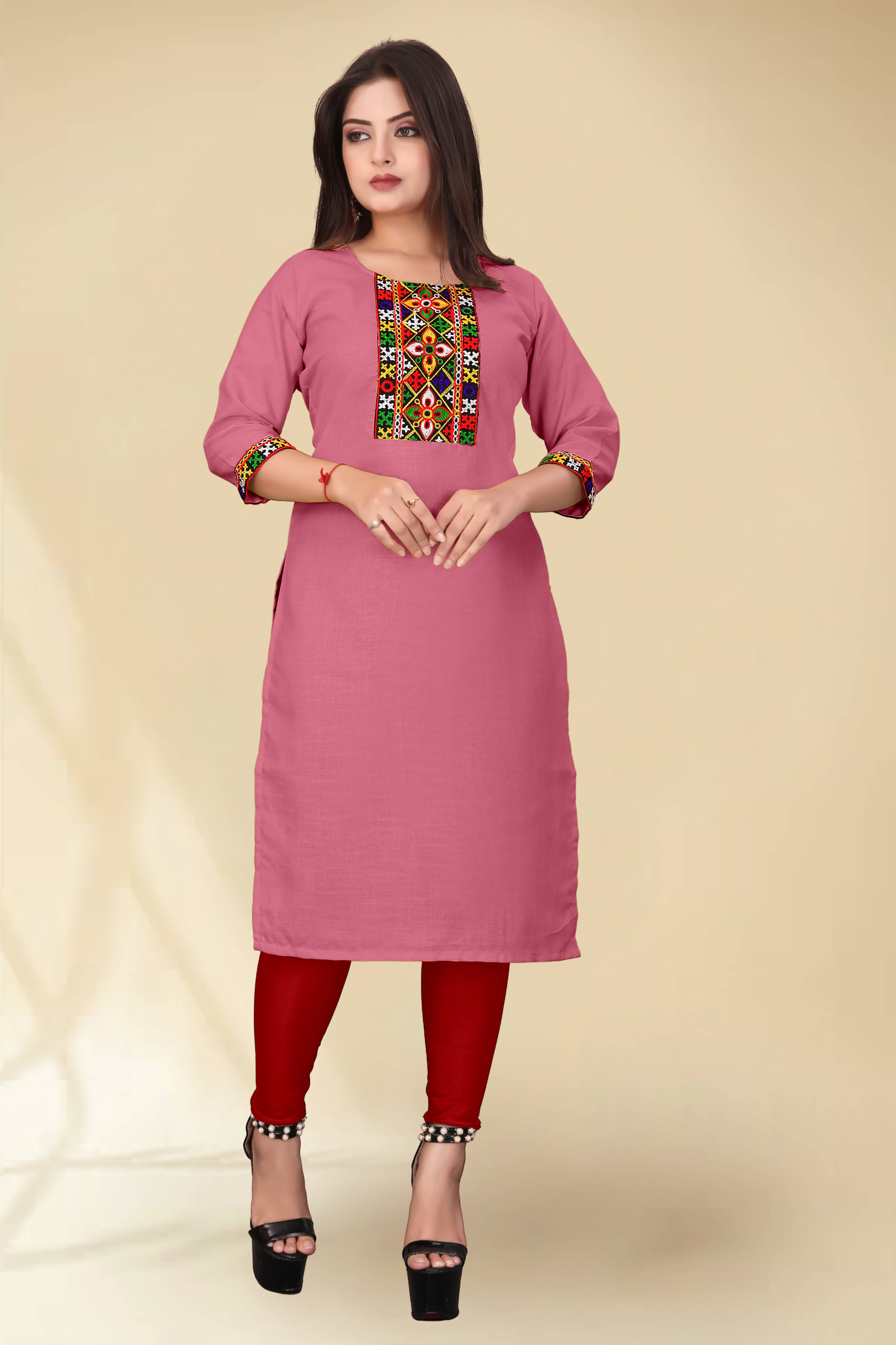 DHANSHREE TEX Women Viscose Rayon Embellished A-line Kurti ( Pink )     			DHANSHREE TEX Women Viscose Rayon Embellished A-line Kurti ( Pink )