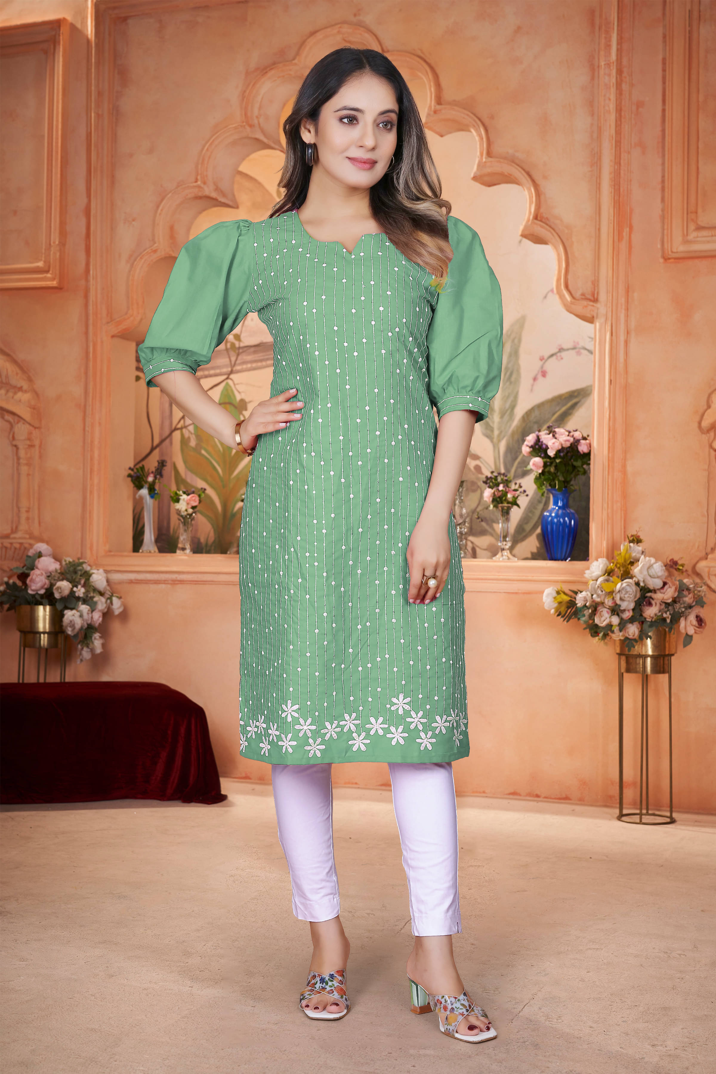     			DHANSHREE TEX Women Viscose Rayon Embellished A-line Kurti ( Mint Green )