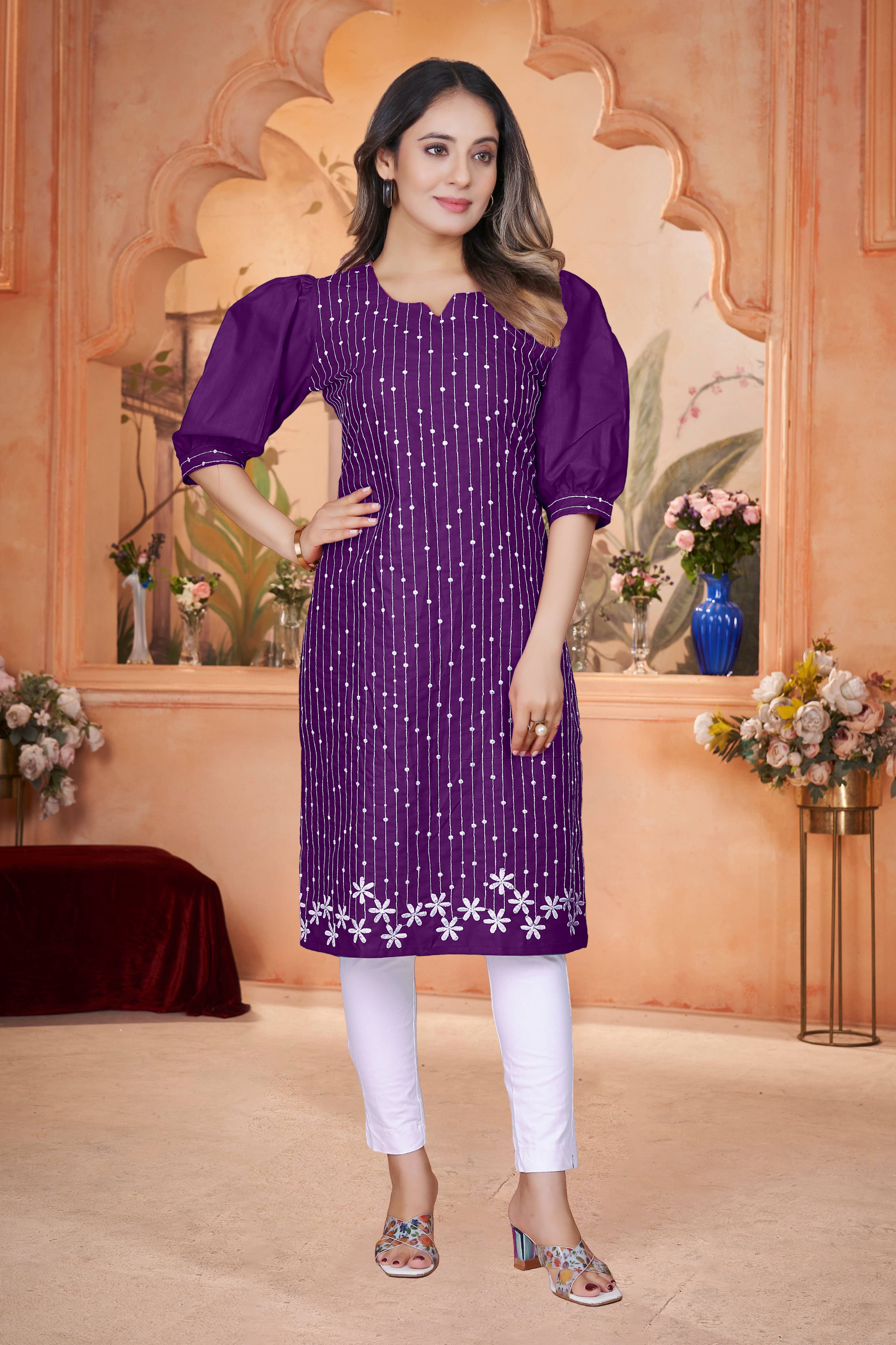 DHANSHREE TEX Women Viscose Rayon Embellished A-line Kurti ( Lavender ) DHANSHREE TEX Women Viscose Rayon Embellished A-line Kurti ( Lavender )