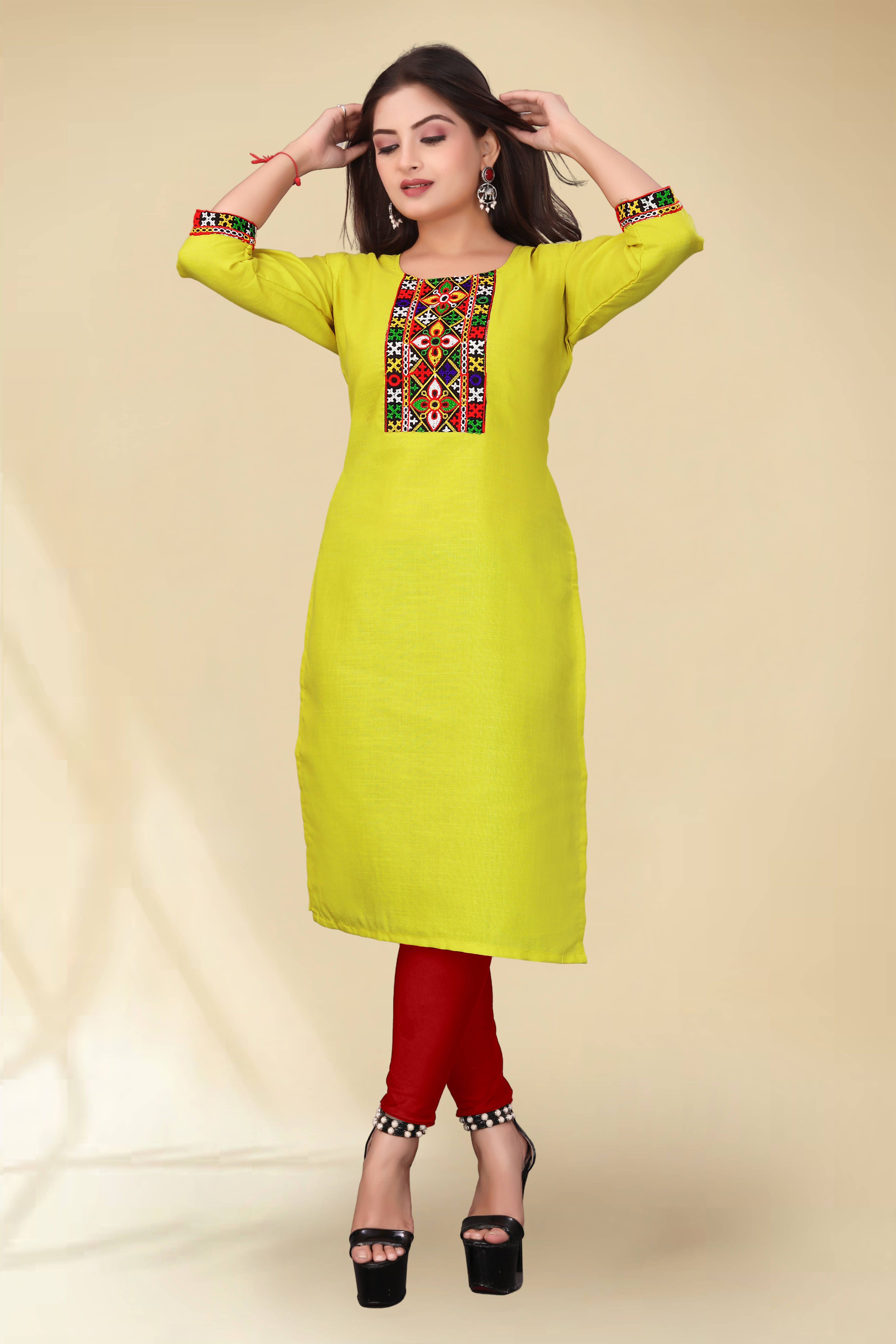     			DHANSHREE TEX Women Viscose Rayon Embellished A-line Kurti ( Mustard )