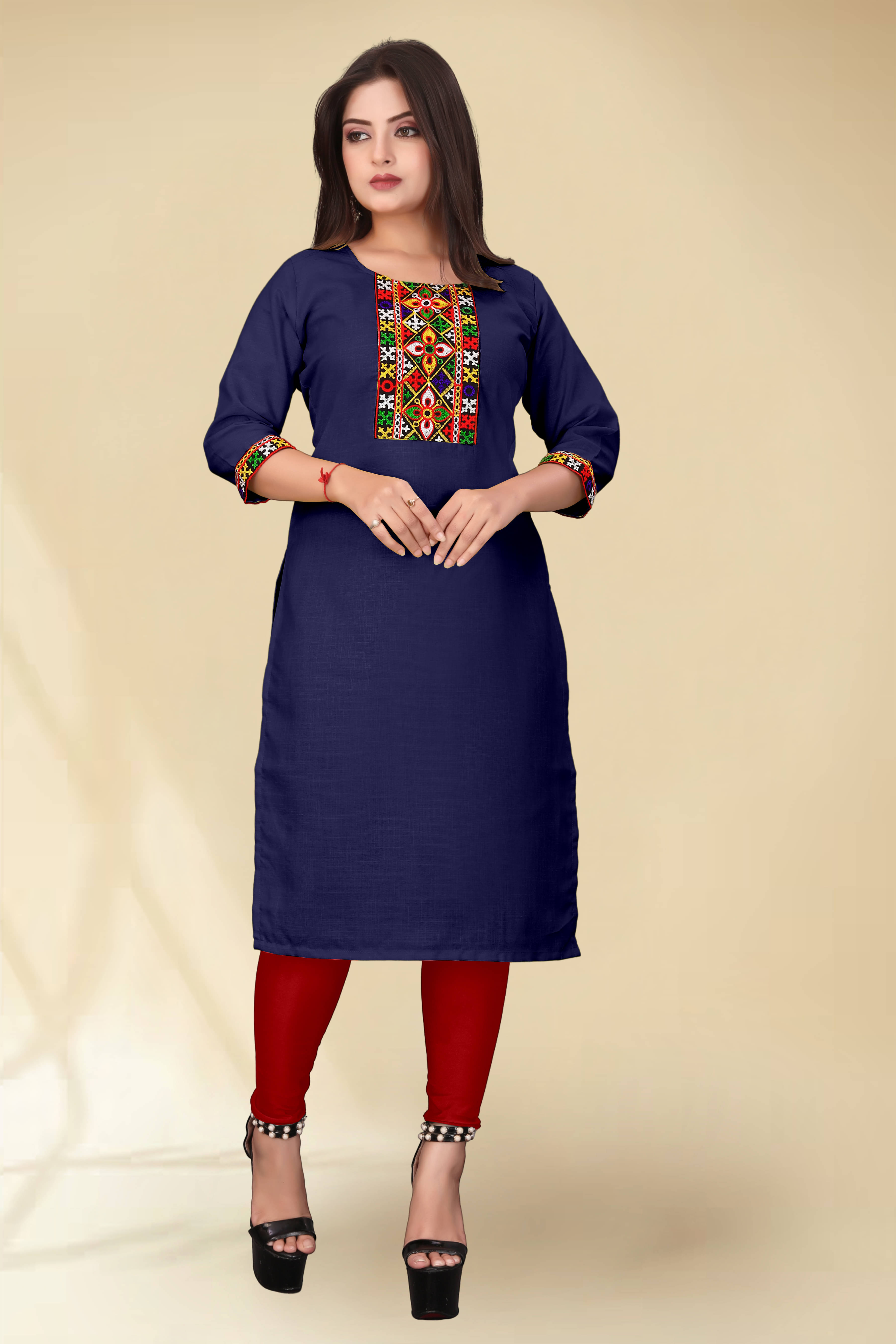     			DHANSHREE TEX Women Viscose Rayon Embellished A-line Kurti ( Wine )