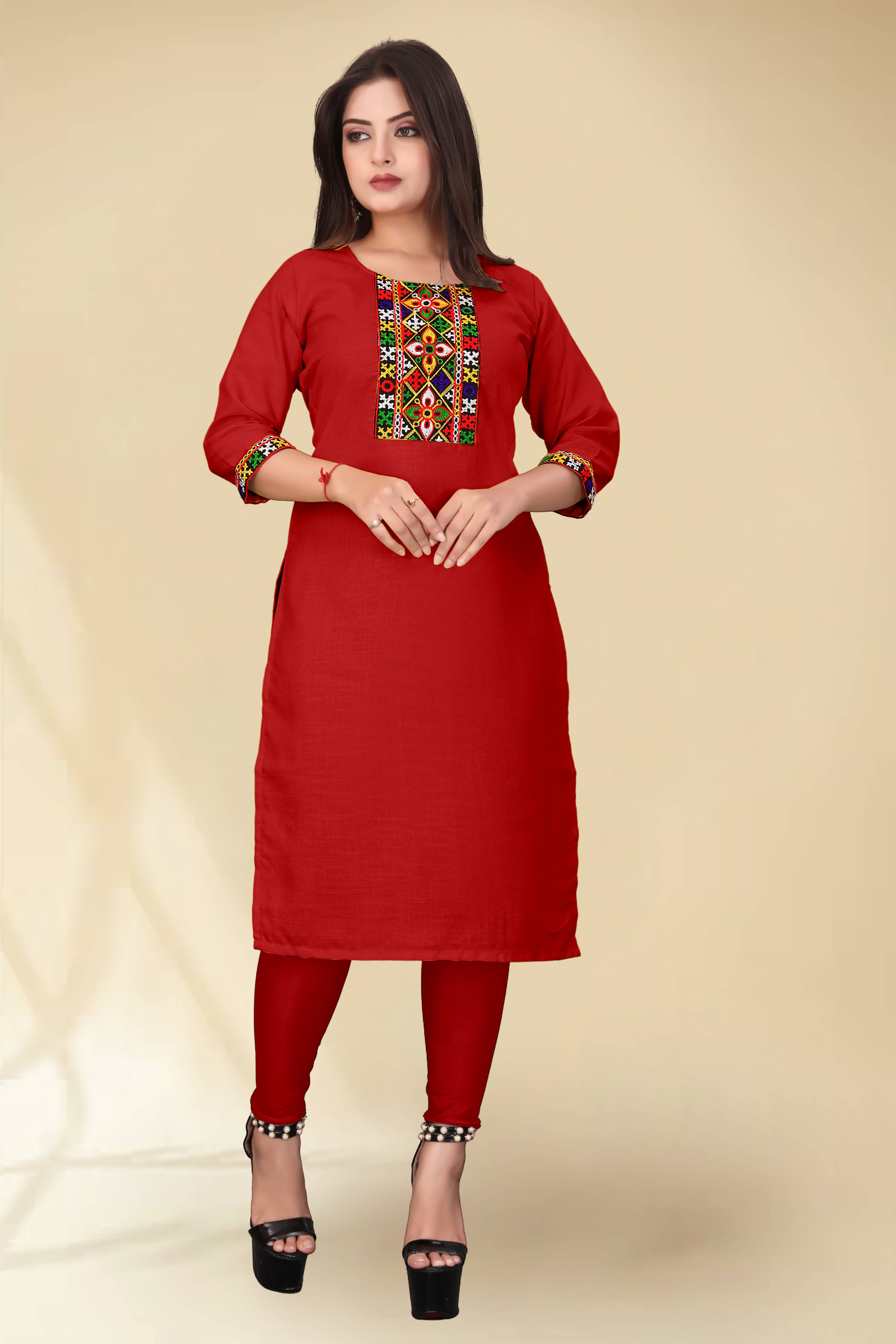    			DHANSHREE TEX Women Viscose Rayon Embellished A-line Kurti ( Red )