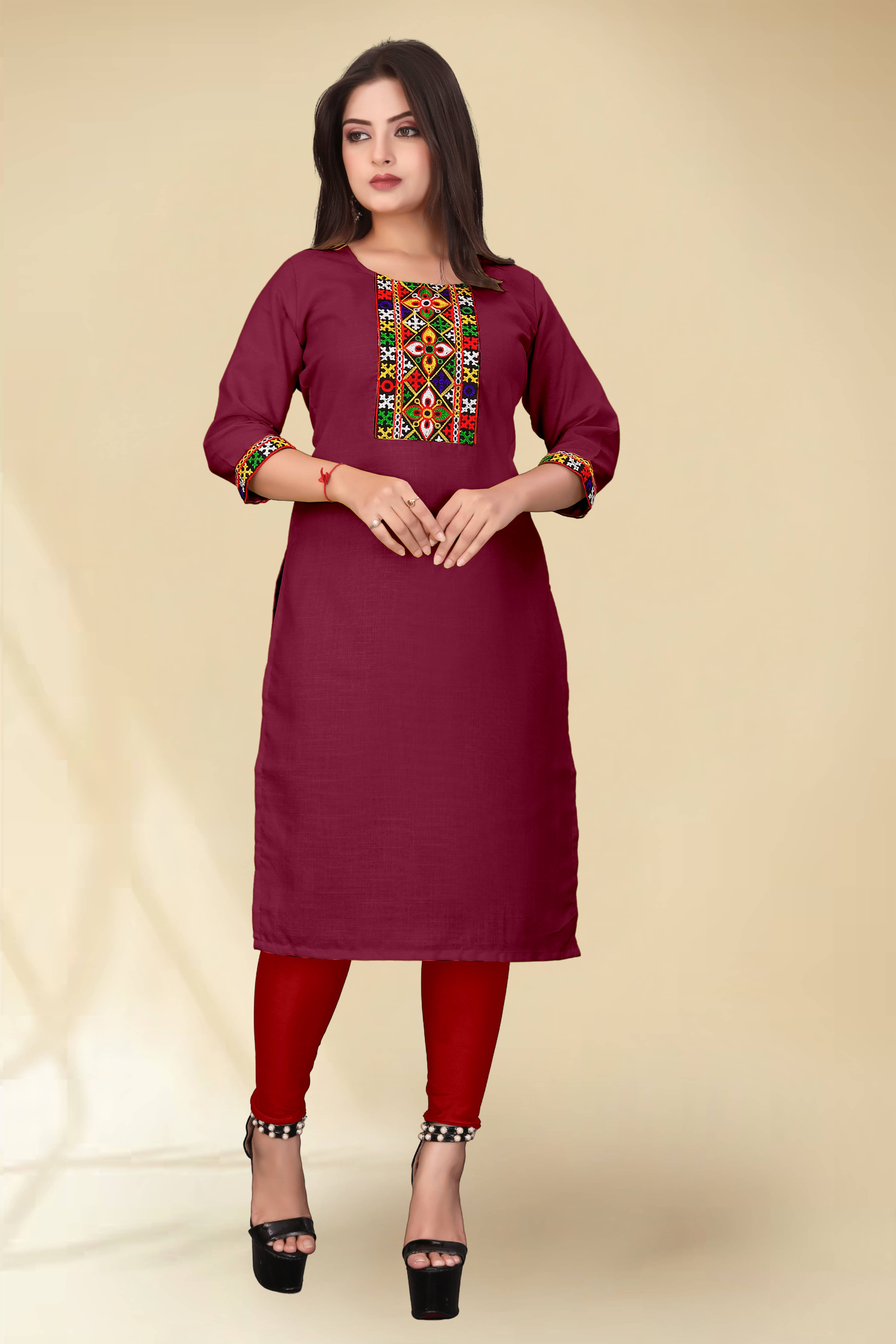 DHANSHREE TEX Women Viscose Rayon Embellished A-line Kurti ( Maroon ) DHANSHREE TEX Women Viscose Rayon Embellished A-line Kurti ( Maroon )