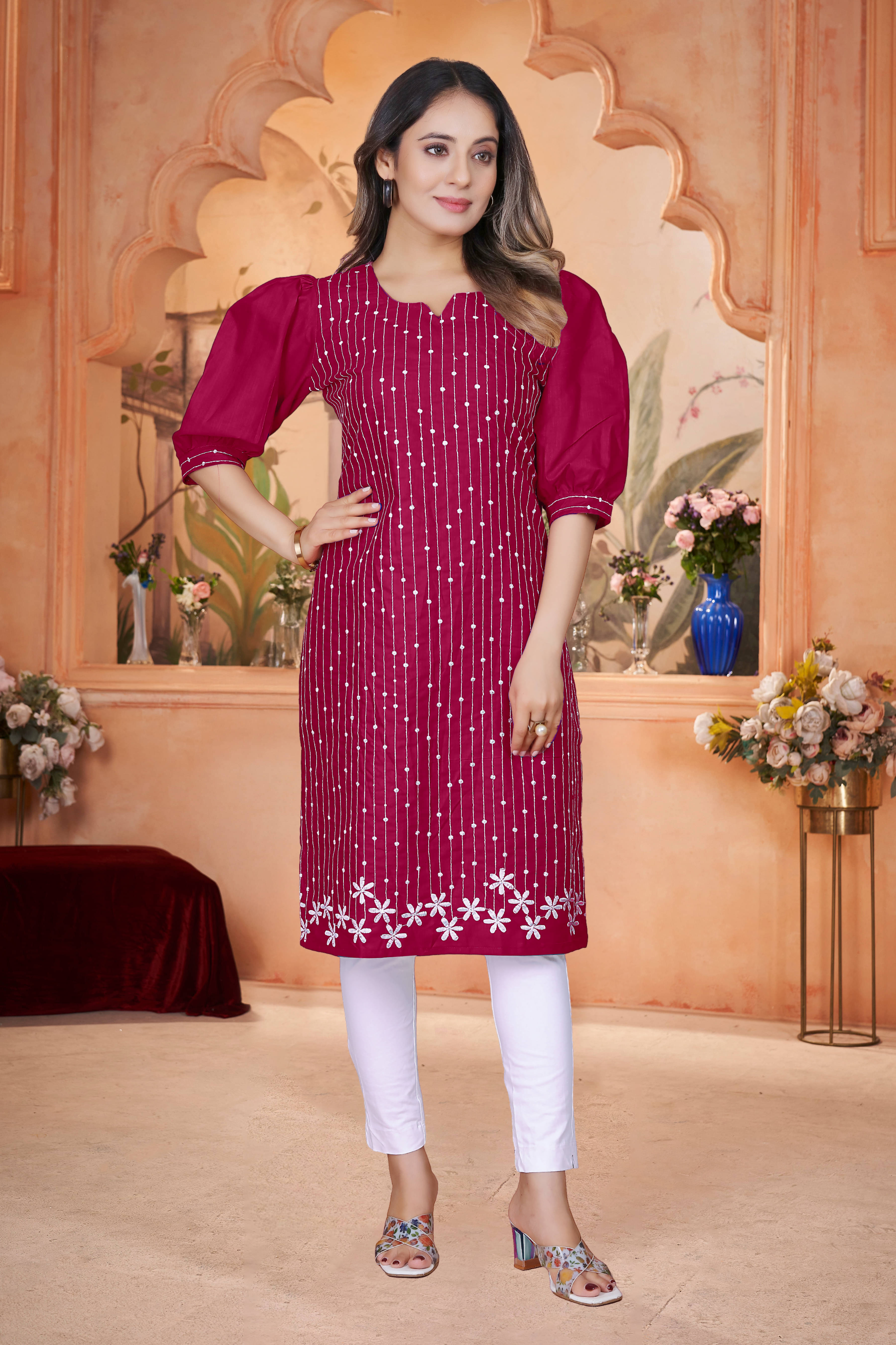 DHANSHREE TEX Women Viscose Rayon Embellished A-line Kurti ( Maroon ) DHANSHREE TEX Women Viscose Rayon Embellished A-line Kurti ( Maroon )