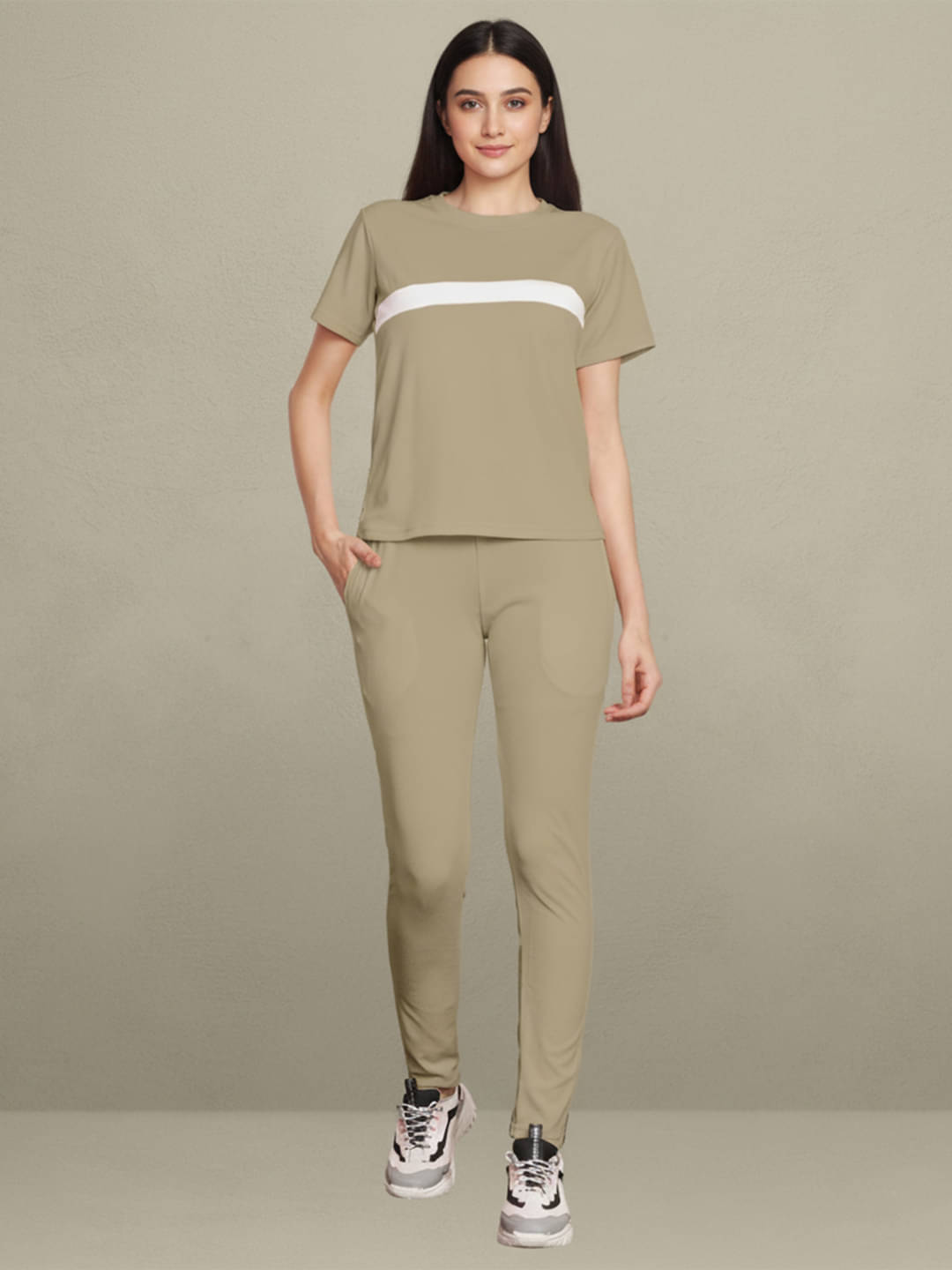     			DTR FASHION Women Striped T-Shirt With Trousers Co-Ord Set ( Beige )