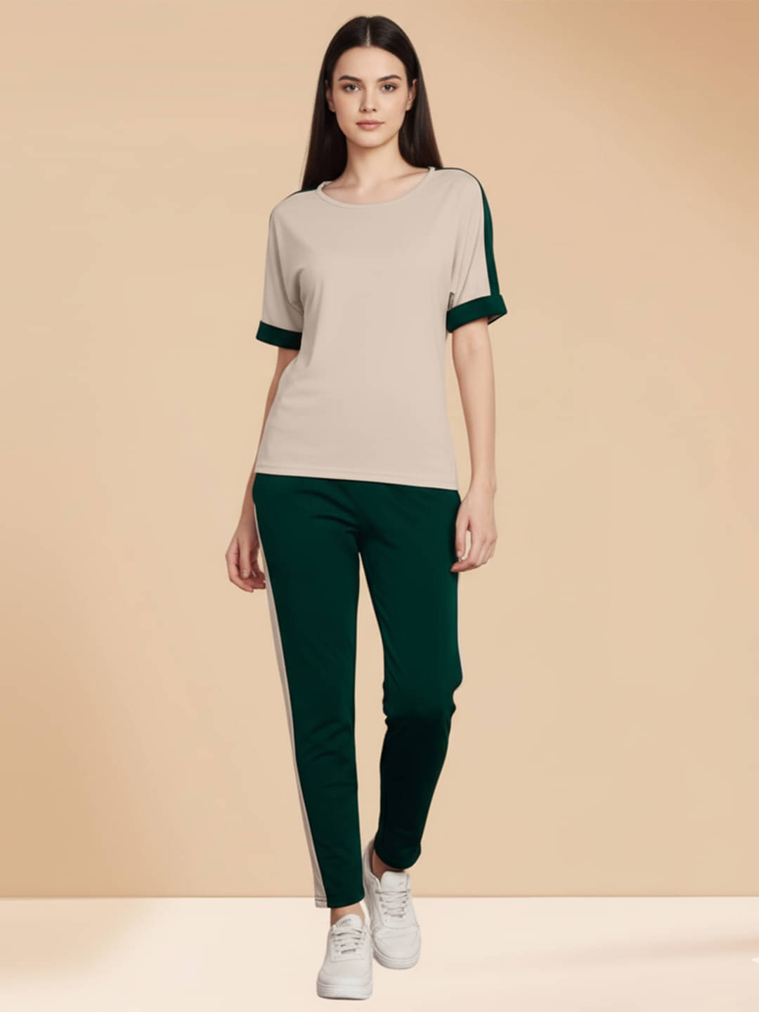     			DTR FASHION Women Striped T-Shirt With Trousers Co-Ord Set ( Green )