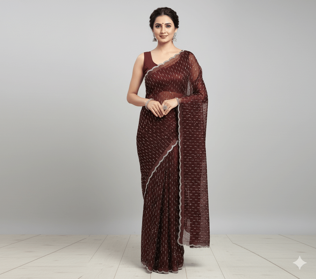 GENERIC SUDEV Net Embellished Regular Saree With Unstitched Blouse Piece ( Brown ) GENERIC SUDEV Net Embellished Regular Saree With Unstitched Blouse Piece ( Brown )