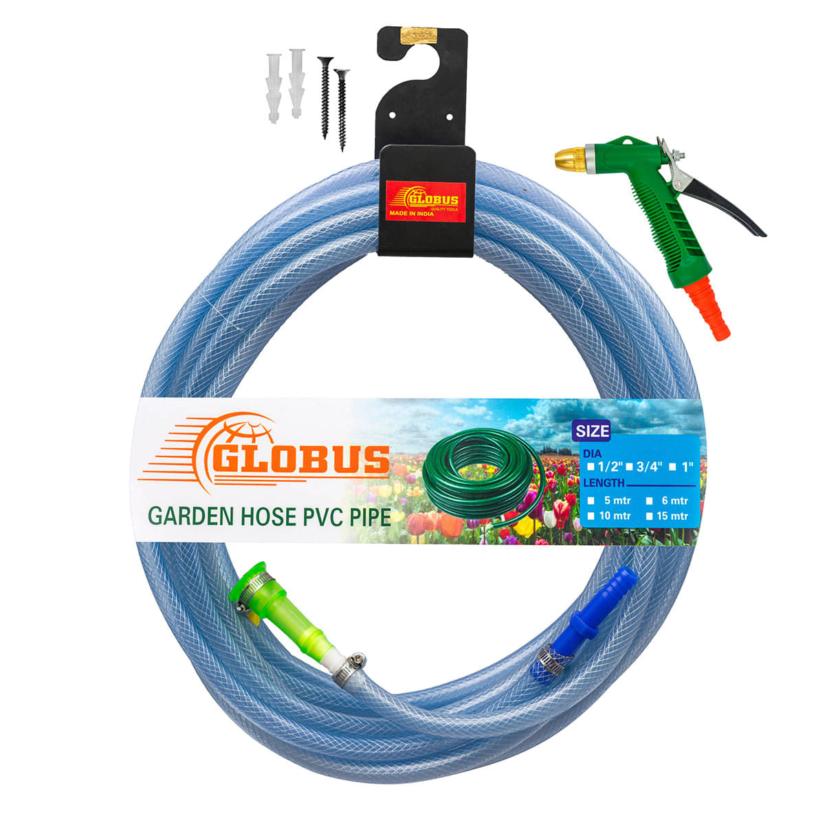 GLOBUS-1694-GARDEN HOSE Steel Hanger 6"(150mm) & (50 Feet/15 Mtr),Size(1/2"/12.5mm) TRANSPARENT GARDEN NYLON HOSE & SPRAY GUN BRASS /ADAPTER/CONNECTOR/2- CLIPS/1BUTTERFLY CLIP/2Screws/2Sockets. GLOBUS-1694-GARDEN HOSE Steel Hanger 6"(150mm) & (50 Feet/15 Mtr),Size(1/2"/12.5mm) TRANSPARENT GARDEN NYLON HOSE & SPRAY GUN BRASS /ADAPTER/CONNECTOR/2- CLIPS/1BUTTERFLY CLIP/2Screws/2Sockets.