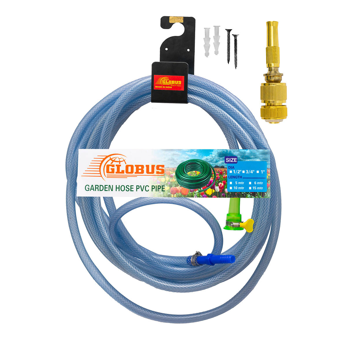 GLOBUS1689-Garden HOSE Steel Hanger 6"(150mm) & (33 Feet/10 Mtr),Size(1/2"/12.5mm) TRANSPARENT NYLON HOSE & GOLDEN SPRAYER/ADAPTER/CONNECTOR/2-CLIPS/1BUTTERFLY CLIP /2 Screws / 2 Sockets. GLOBUS1689-Garden HOSE Steel Hanger 6"(150mm) & (33 Feet/10 Mtr),Size(1/2"/12.5mm) TRANSPARENT NYLON HOSE & GOLDEN SPRAYER/ADAPTER/CONNECTOR/2-CLIPS/1BUTTERFLY CLIP /2 Screws / 2 Sockets.