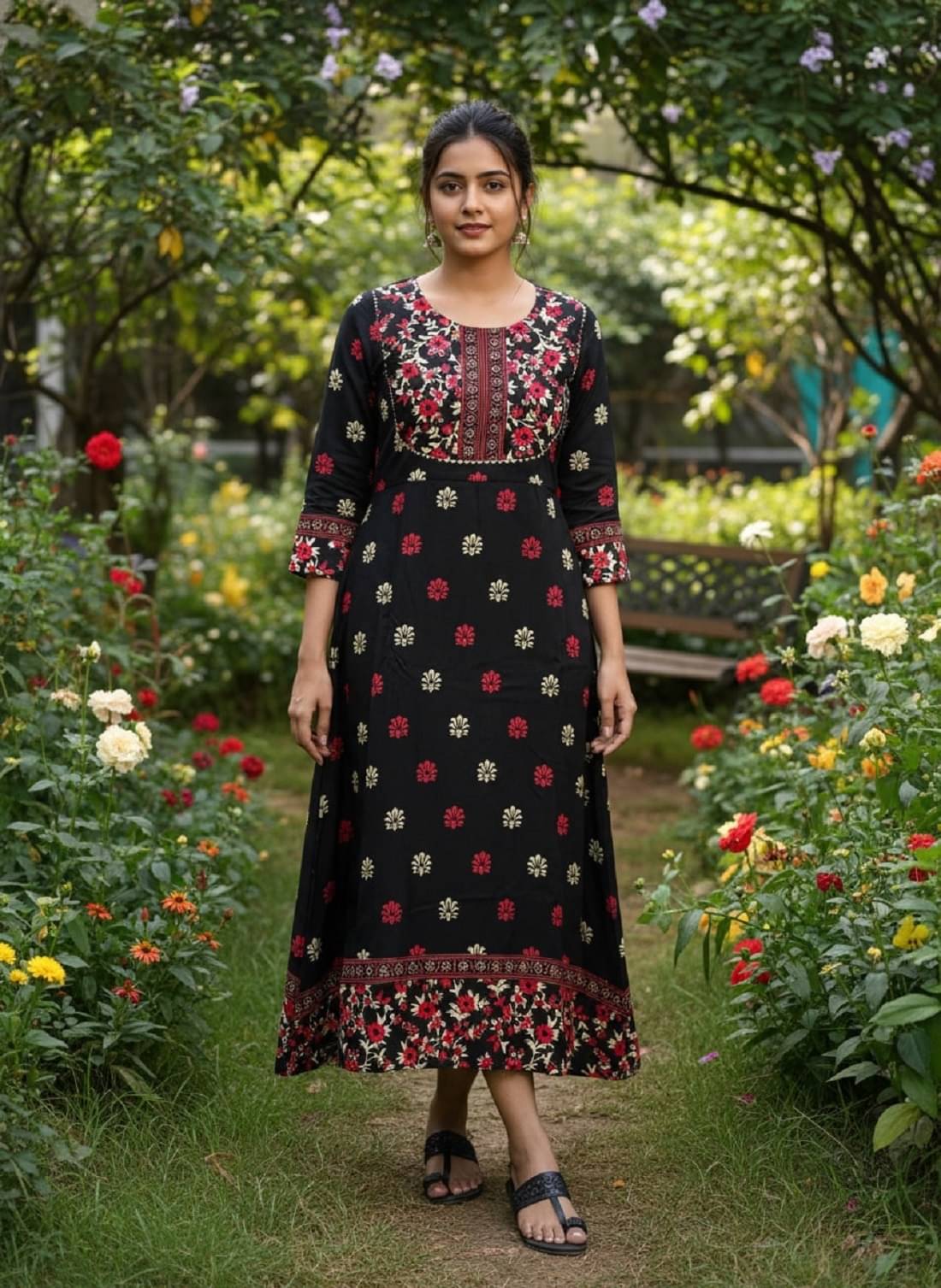     			Gobya Women Viscose Rayon Printed Anarkali Kurti ( Black )