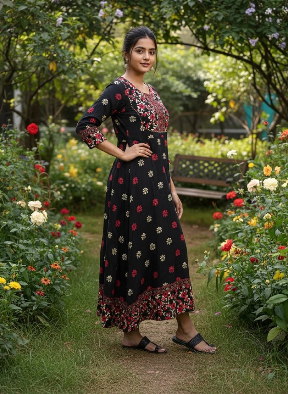 Gobya Women Viscose Rayon Printed A-line Kurti ( Black )     			Gobya Women Viscose Rayon Printed A-line Kurti ( Black )