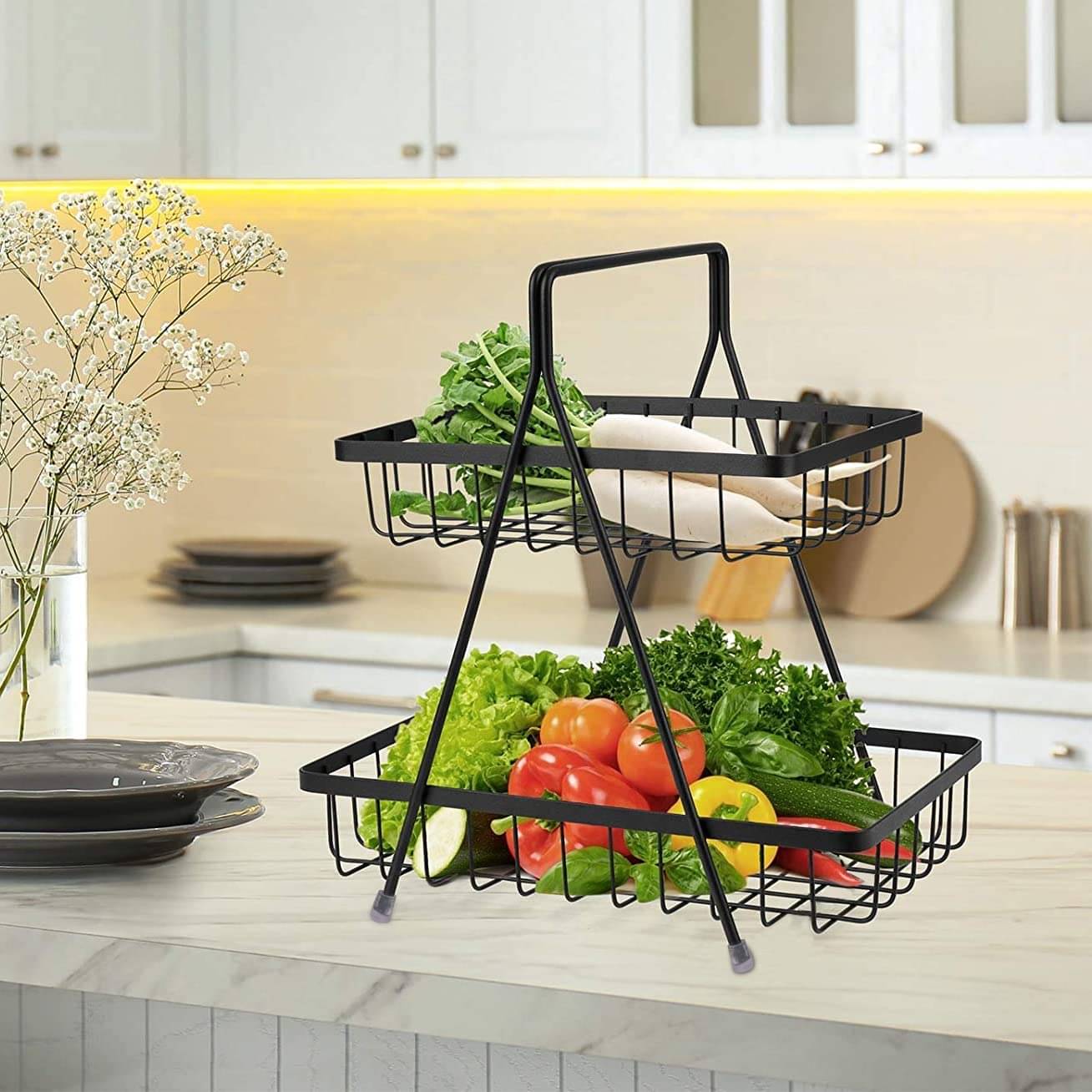 High Grade Carbon Steel 2-Tier Fruit & Vegetable Basket | Countertop Tiered Shelf For Dining Table | Snacks Storage Stand (Black) High Grade Carbon Steel 2-Tier Fruit & Vegetable Basket | Countertop Tiered Shelf For Dining Table | Snacks Storage Stand (Black)