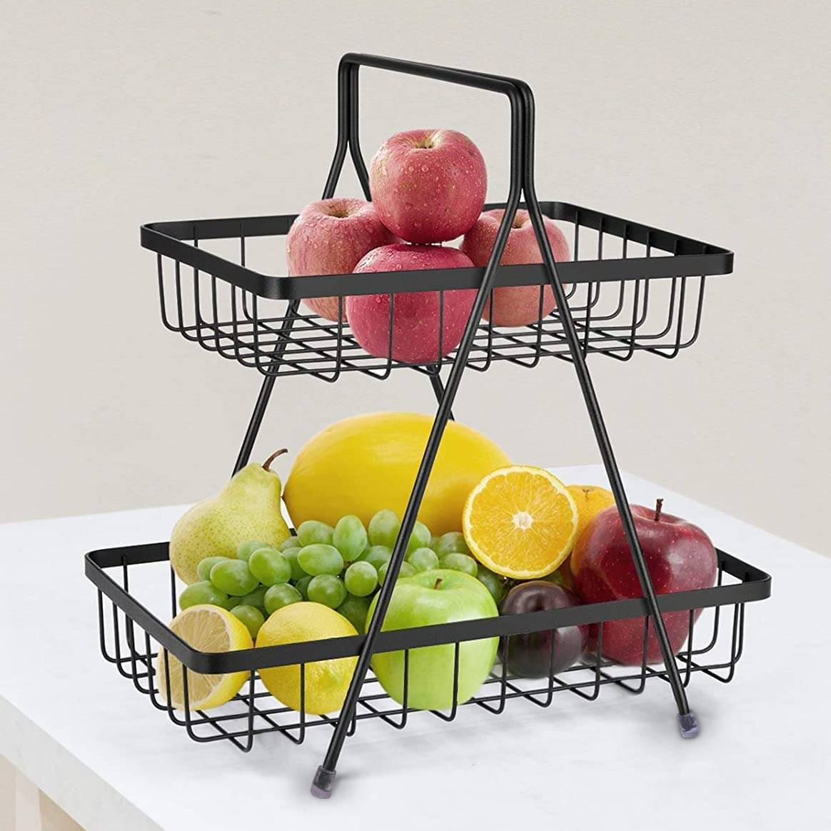     			High Grade Carbon Steel 2-Tier Fruit & Vegetable Basket | Countertop Tiered Shelf For Dining Table | Snacks Storage Stand (Black)