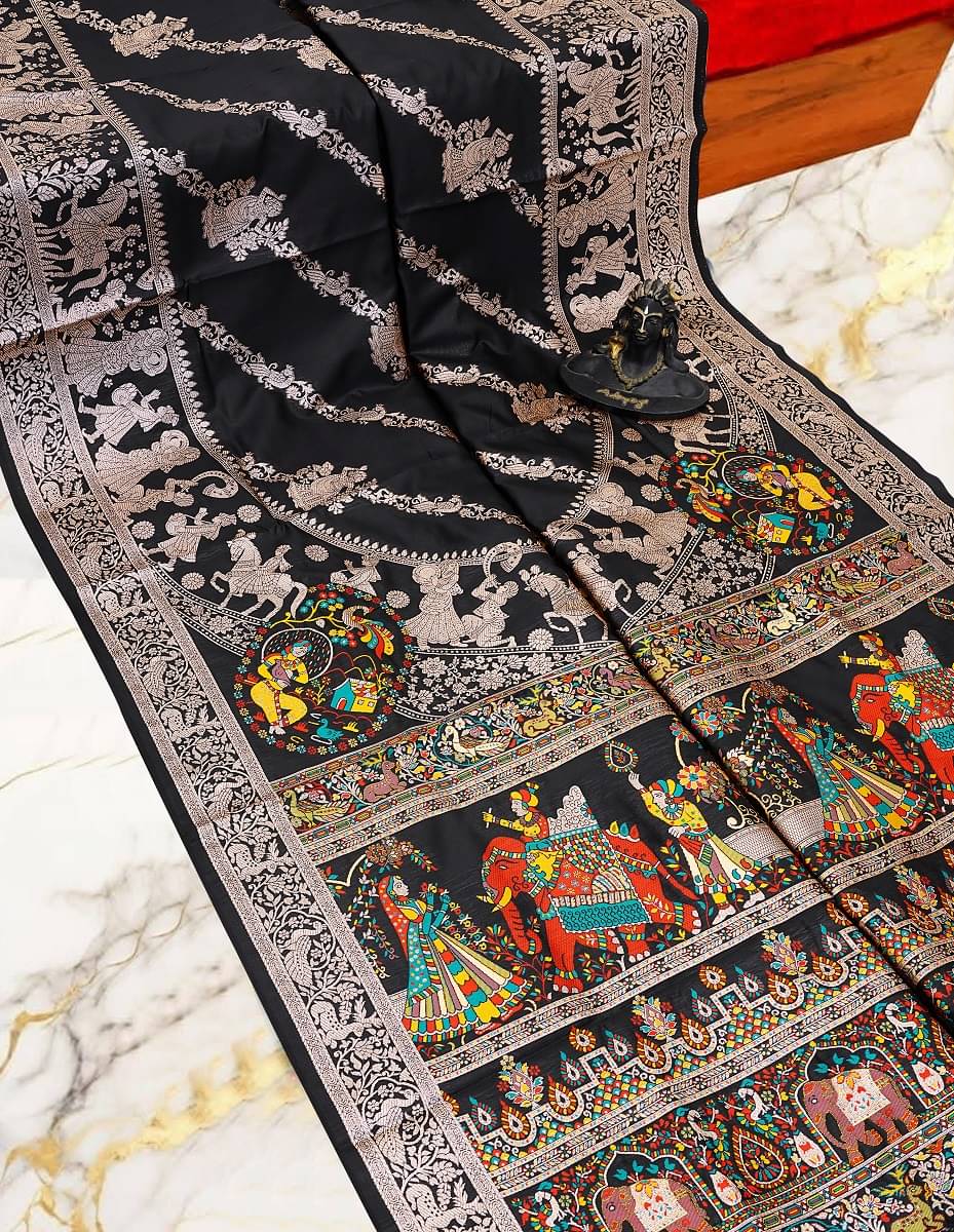 Indesa Art Silk Solid Baluchari Saree With Unstitched Blouse Piece ( Black ) Indesa Art Silk Solid Baluchari Saree With Unstitched Blouse Piece ( Black )