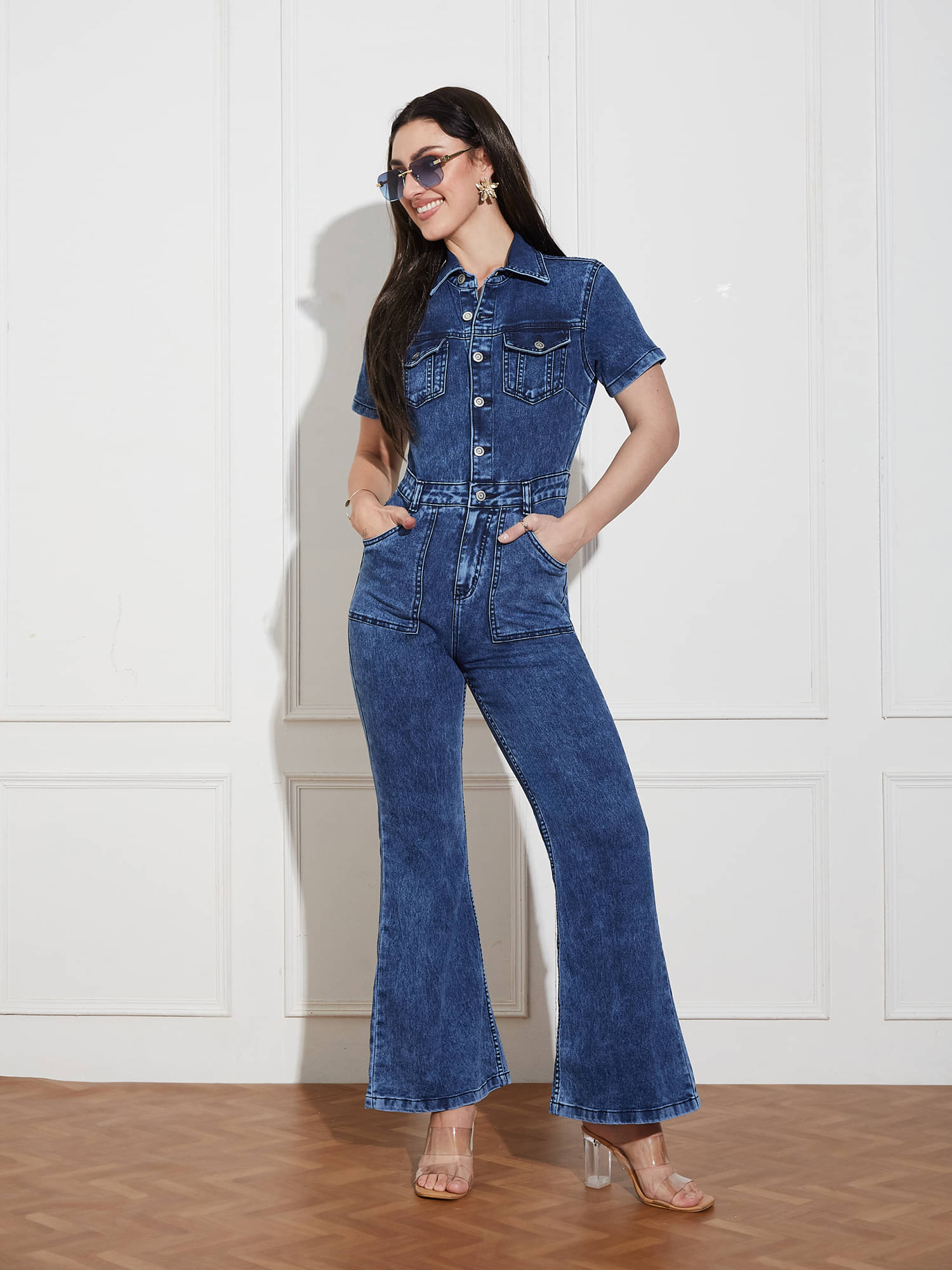 Miss Chase Women Solid Cotton Jumpsuit ( Blue ) Miss Chase Women Solid Cotton Jumpsuit ( Blue )