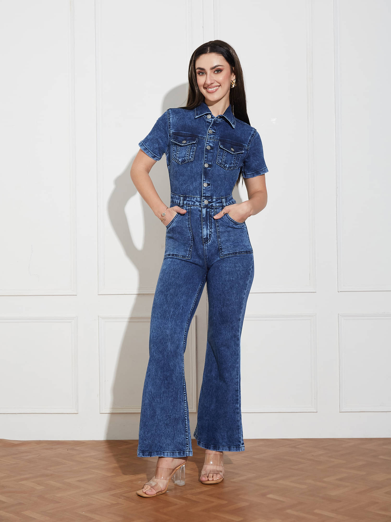 Miss Chase Women Solid Cotton Jumpsuit ( Blue ) Miss Chase Women Solid Cotton Jumpsuit ( Blue )