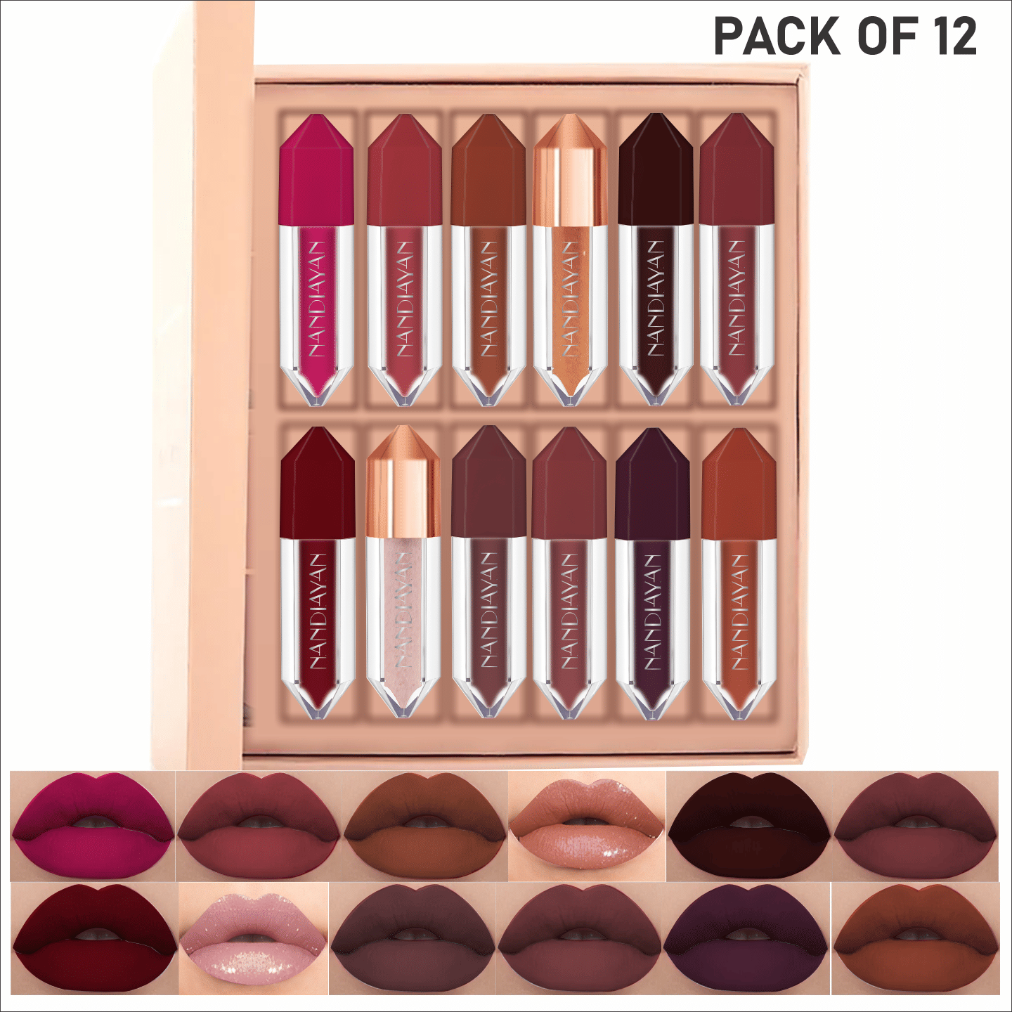 NANDIAYAN Multi Matte Waterproof Liquid Lipstick ( Pack of 12 )     			NANDIAYAN Multi Matte Waterproof Liquid Lipstick ( Pack of 12 )