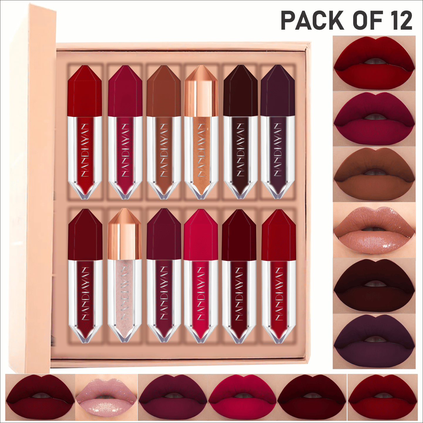 NANDIAYAN Multi Matte Waterproof Liquid Lipstick ( Pack of 12 )     			NANDIAYAN Multi Matte Waterproof Liquid Lipstick ( Pack of 12 )