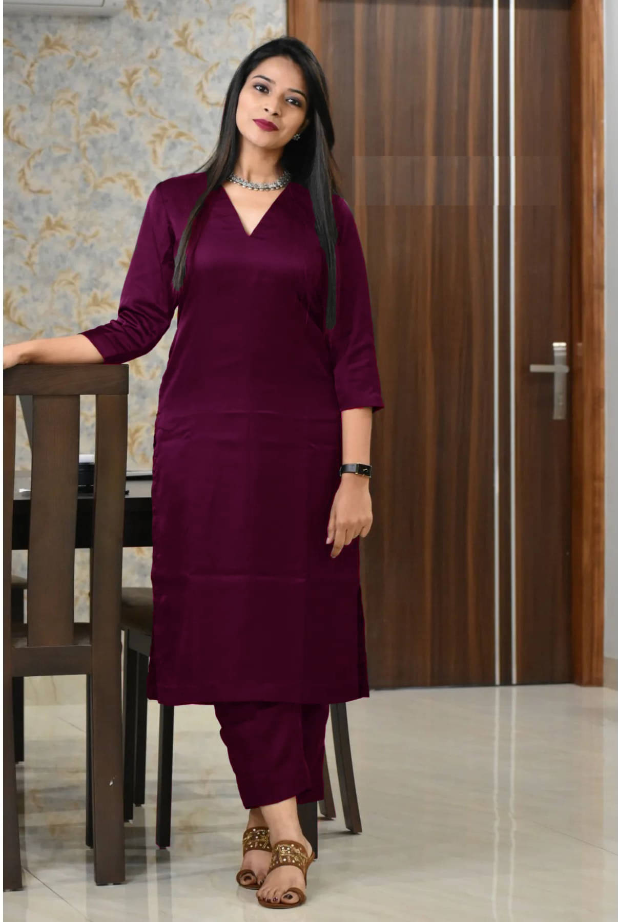 Nirja Creation Women Cotton Silk Solid Straight Kurti With Pants ( Wine ) Nirja Creation Women Cotton Silk Solid Straight Kurti With Pants ( Wine )
