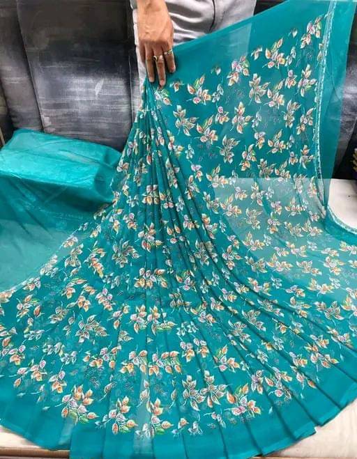 PARVANYA FASHION HUB Georgette Printed Regular Saree With Unstitched Blouse Piece ( Blue ) PARVANYA FASHION HUB Georgette Printed Regular Saree With Unstitched Blouse Piece ( Blue )