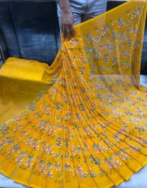 PARVANYA FASHION HUB Georgette Printed Regular Saree With Unstitched Blouse Piece ( Yellow ) PARVANYA FASHION HUB Georgette Printed Regular Saree With Unstitched Blouse Piece ( Yellow )