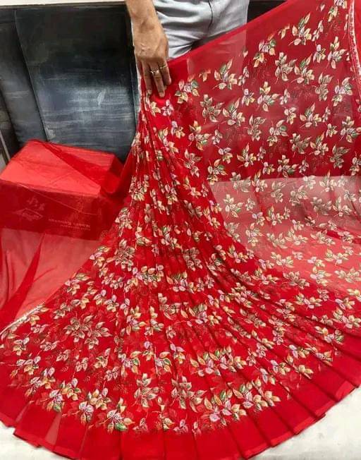 PARVANYA FASHION HUB Georgette Printed Regular Saree With Unstitched Blouse Piece ( Red )     			PARVANYA FASHION HUB Georgette Printed Regular Saree With Unstitched Blouse Piece ( Red )