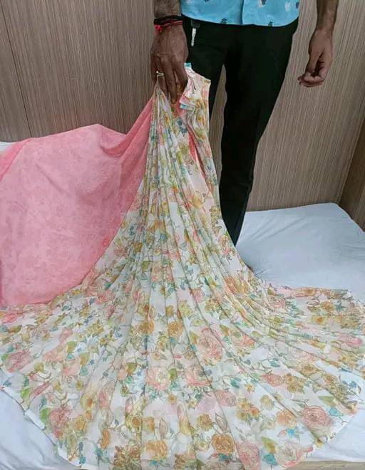 PARVANYA FASHION HUB Georgette Printed Regular Saree With Unstitched Blouse Piece ( Cream )     			PARVANYA FASHION HUB Georgette Printed Regular Saree With Unstitched Blouse Piece ( Cream )