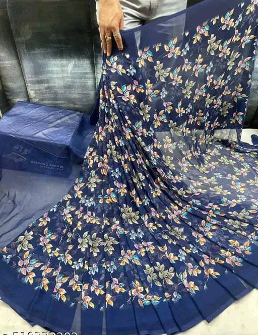 PARVANYA FASHION HUB Georgette Printed Regular Saree With Unstitched Blouse Piece ( Navy Blue ) PARVANYA FASHION HUB Georgette Printed Regular Saree With Unstitched Blouse Piece ( Navy Blue )