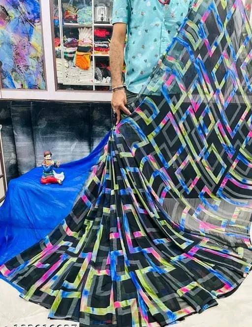 PARVANYA FASHION HUB Georgette Printed Regular Saree With Unstitched Blouse Piece ( Blue )     			PARVANYA FASHION HUB Georgette Printed Regular Saree With Unstitched Blouse Piece ( Blue )