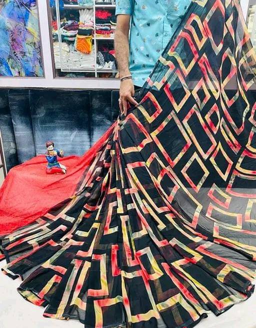 PARVANYA FASHION HUB Georgette Printed Regular Saree With Unstitched Blouse Piece ( Red )     			PARVANYA FASHION HUB Georgette Printed Regular Saree With Unstitched Blouse Piece ( Red )