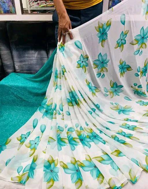 PARVANYA FASHION HUB Georgette Printed Regular Saree With Unstitched Blouse Piece ( Blue ) PARVANYA FASHION HUB Georgette Printed Regular Saree With Unstitched Blouse Piece ( Blue )