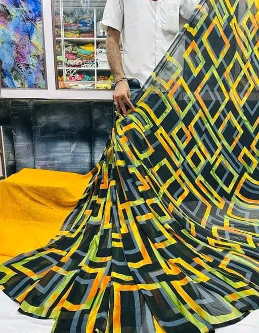 PARVANYA FASHION HUB Georgette Printed Regular Saree With Unstitched Blouse Piece ( Yellow ) PARVANYA FASHION HUB Georgette Printed Regular Saree With Unstitched Blouse Piece ( Yellow )