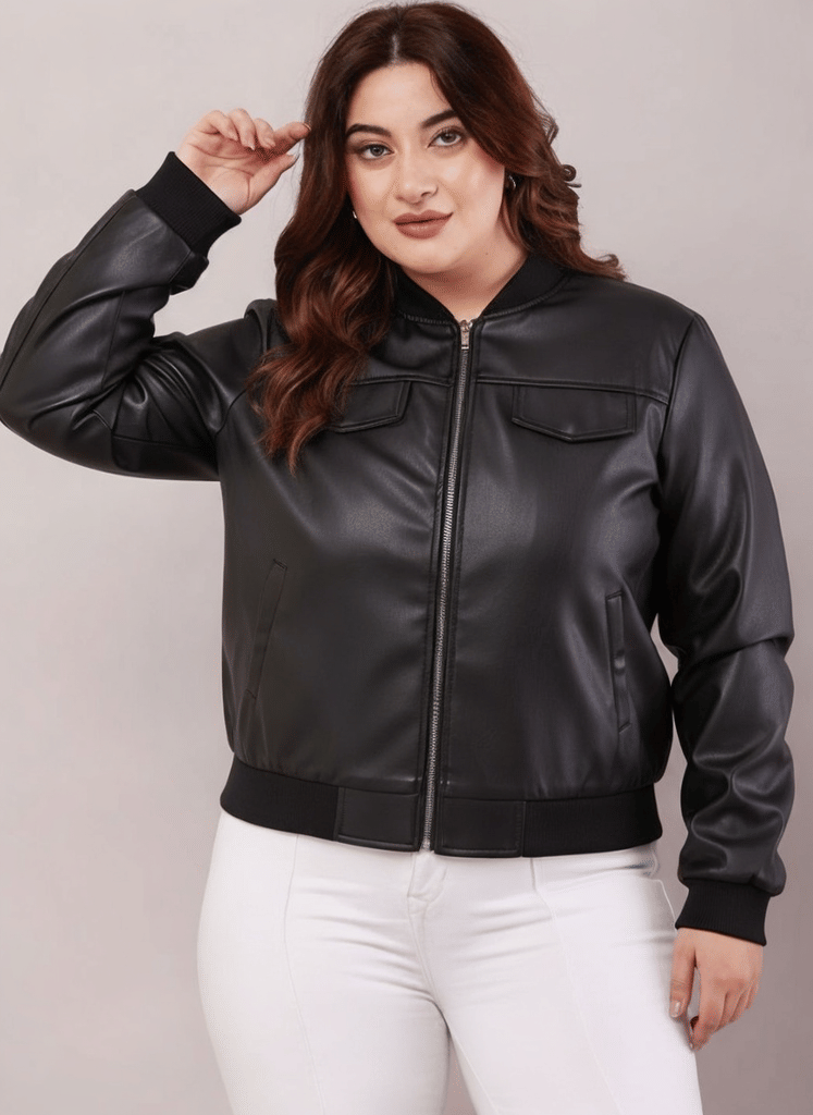     			PLUS PARADISE Women High Neck Leather Jacket ( Black )