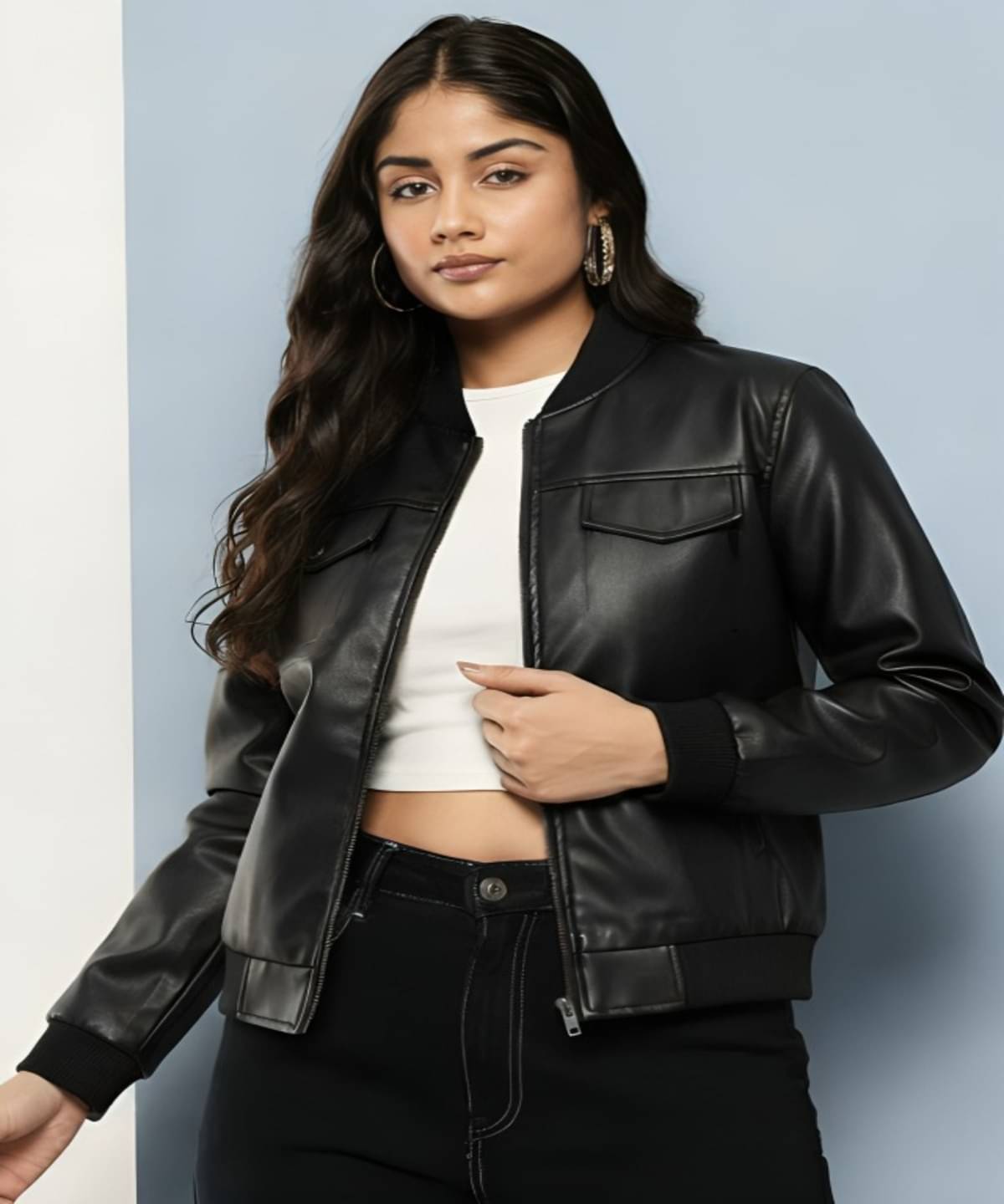     			PLUS PARADISE Women High Neck Leather Jacket ( Black )