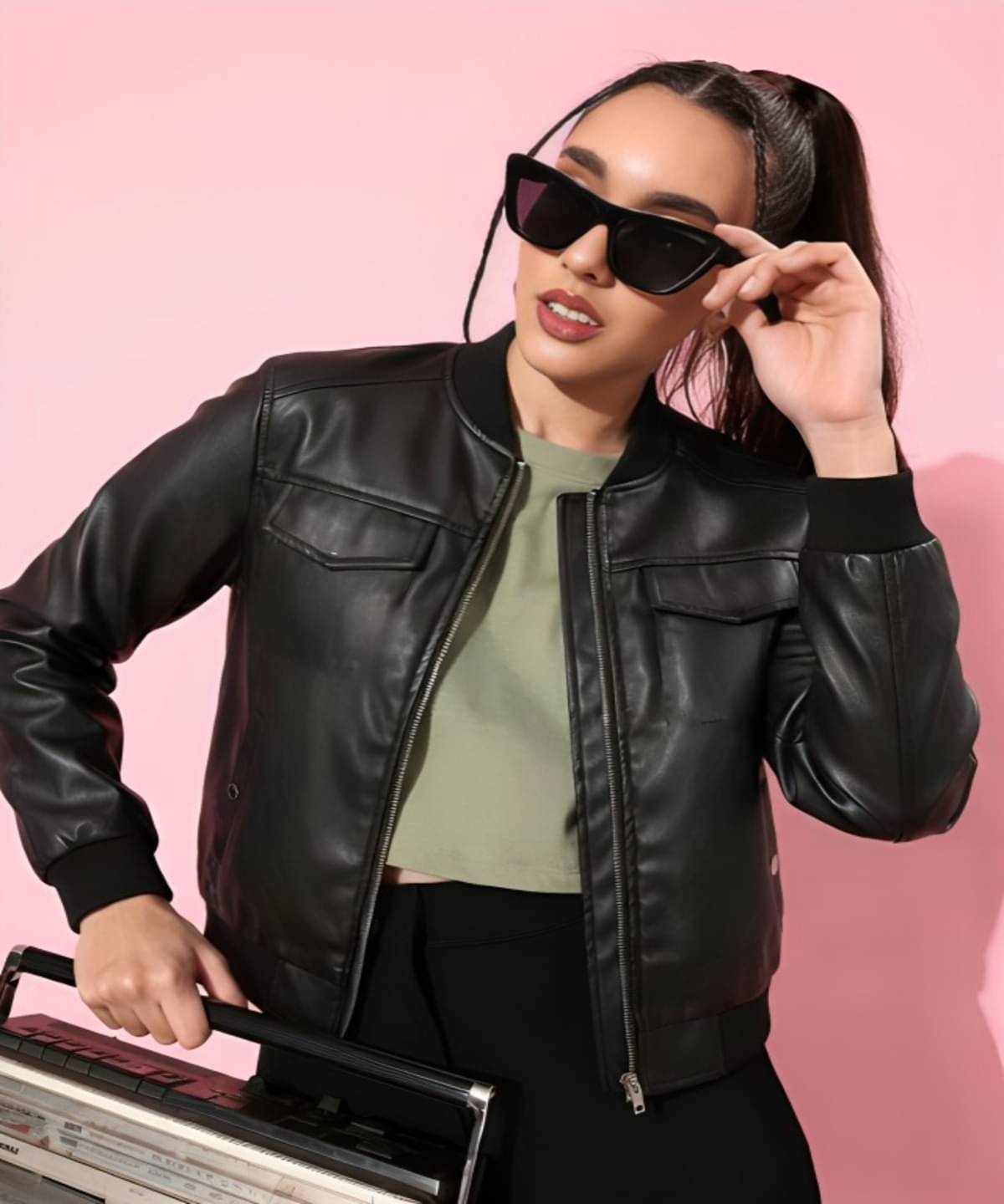 PLUS PARADISE Women High Neck Leather Jacket ( Black ) PLUS PARADISE Women High Neck Leather Jacket ( Black )