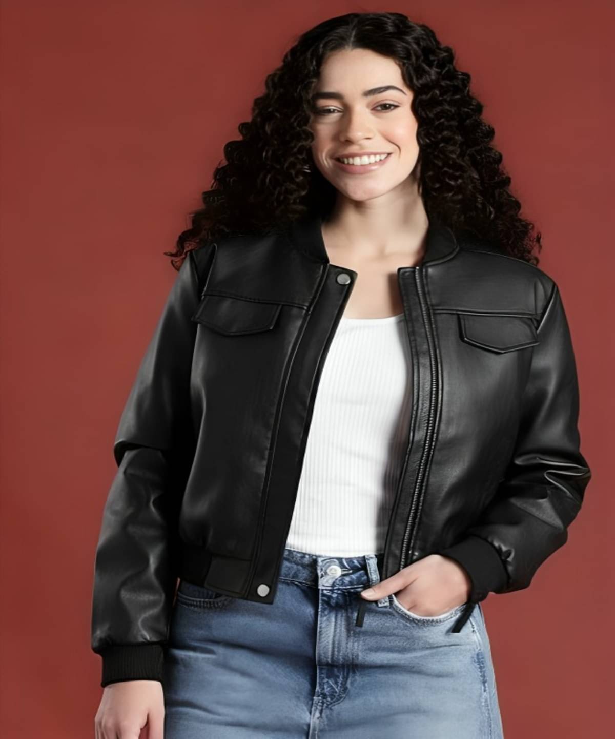     			PLUS PARADISE Women High Neck Leather Jacket ( Black )