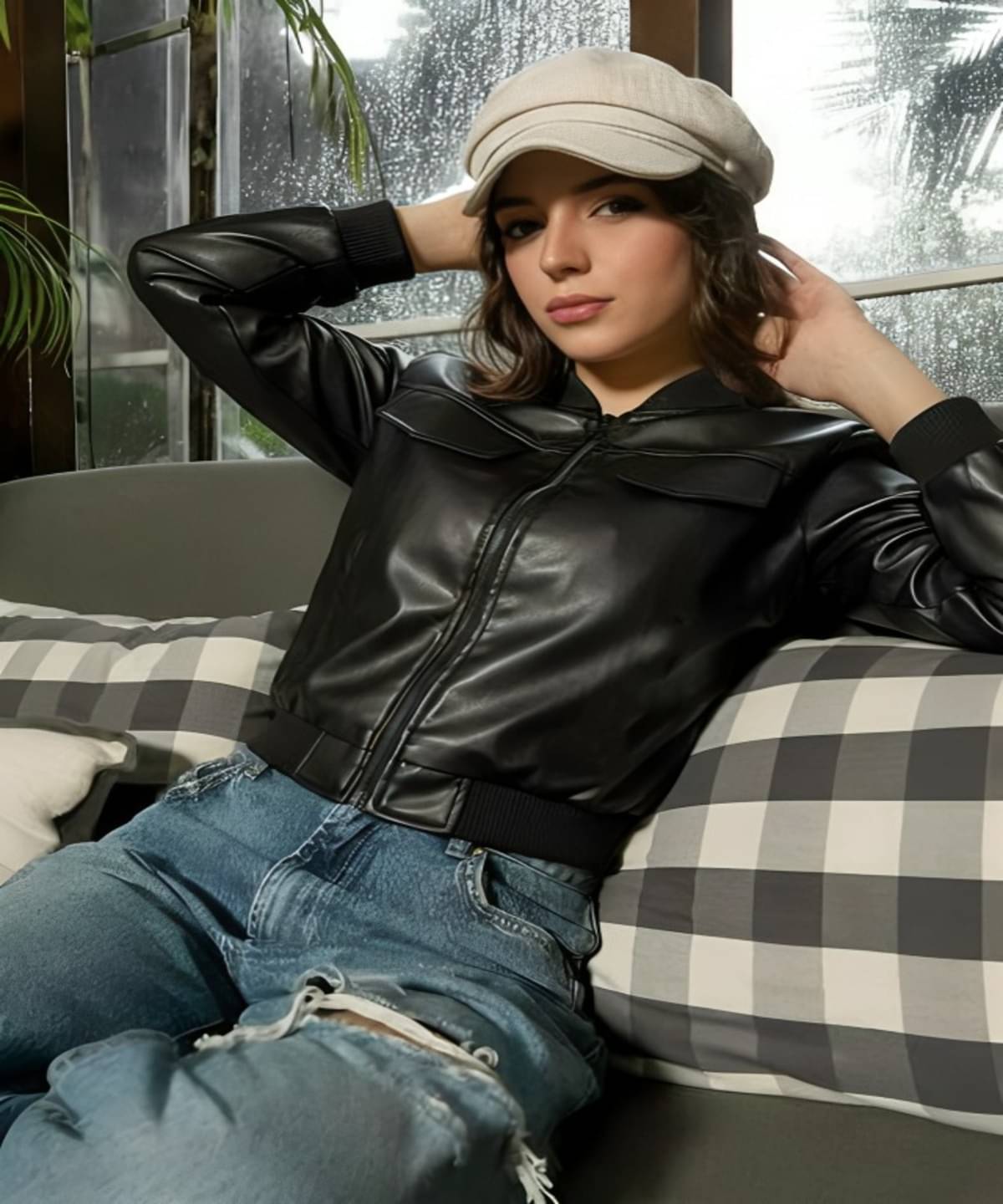 PLUS PARADISE Women High Neck Leather Jacket ( Black )     			PLUS PARADISE Women High Neck Leather Jacket ( Black )